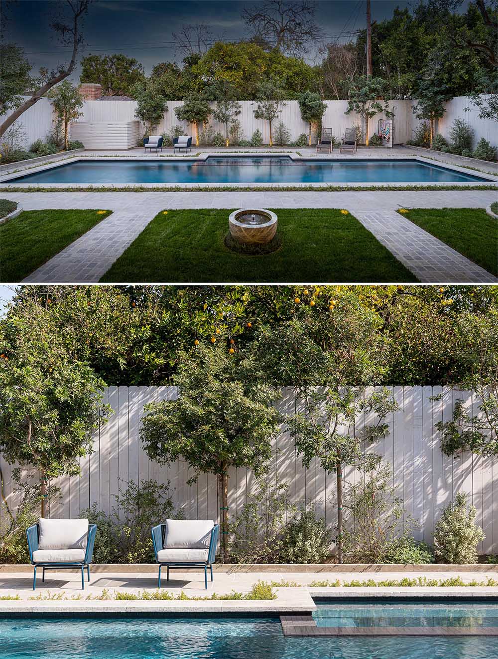 This yard was transformed into a private oasis with a 50-year-old coastal live oak tree, a Balinese water fountain, 60-year-old Manzanilla olive trees, and a resort-style quartz pool.