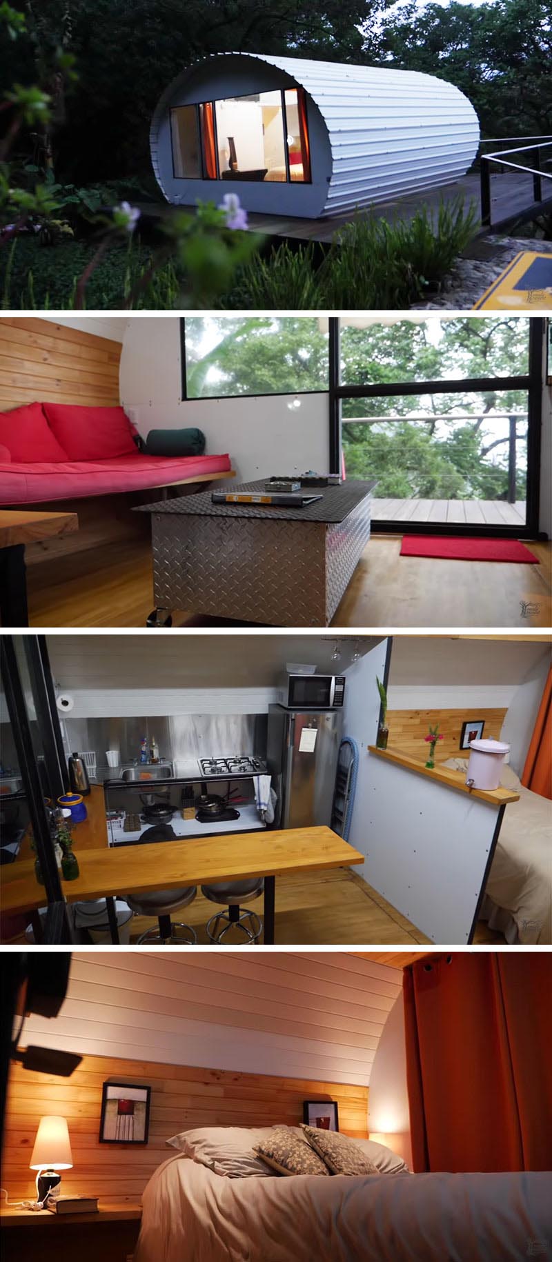 A unique tiny house in Antigua, a city in the central highlands of Guatemala, has a corrugated metal exterior with a white finish, and an open bedroom, a bathroom, kitchen, and a small living area with a couch that doubles as a bed.