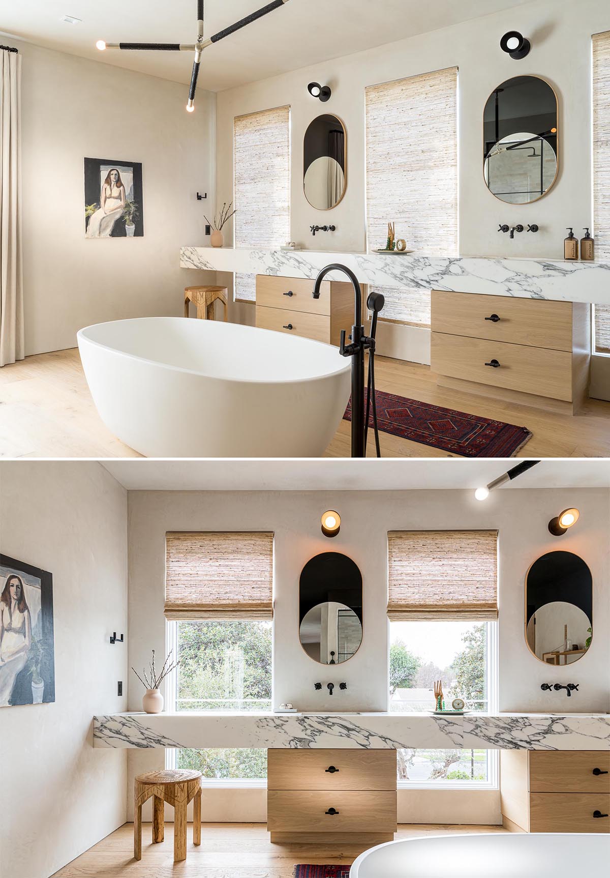 This modern and expansive en-suite bathroom has a white freestanding soaking tub, a glass-enclosed shower for two, and a marble double vanity.