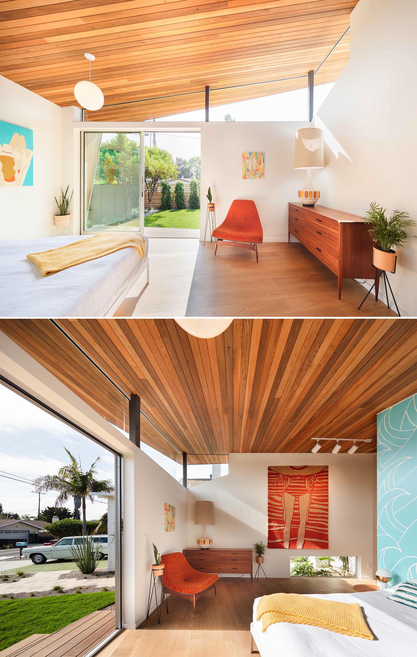 This new mid-century modern inspired master bedroom at the front of the house shows the angled wood ceiling and the wrap around clerestory windows.