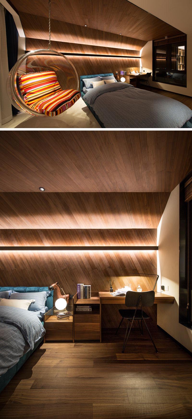 Bedroom Lighting Ideas - A modern bedroom with a wood accent wall that showcases hidden LED lighting.