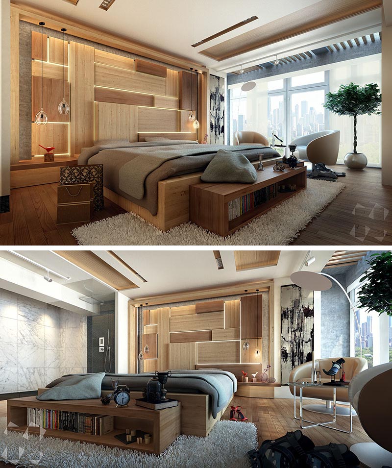 Bedroom Lighting Ideas - A bedroom with a wood accent wall that showcases hidden LED lighting.