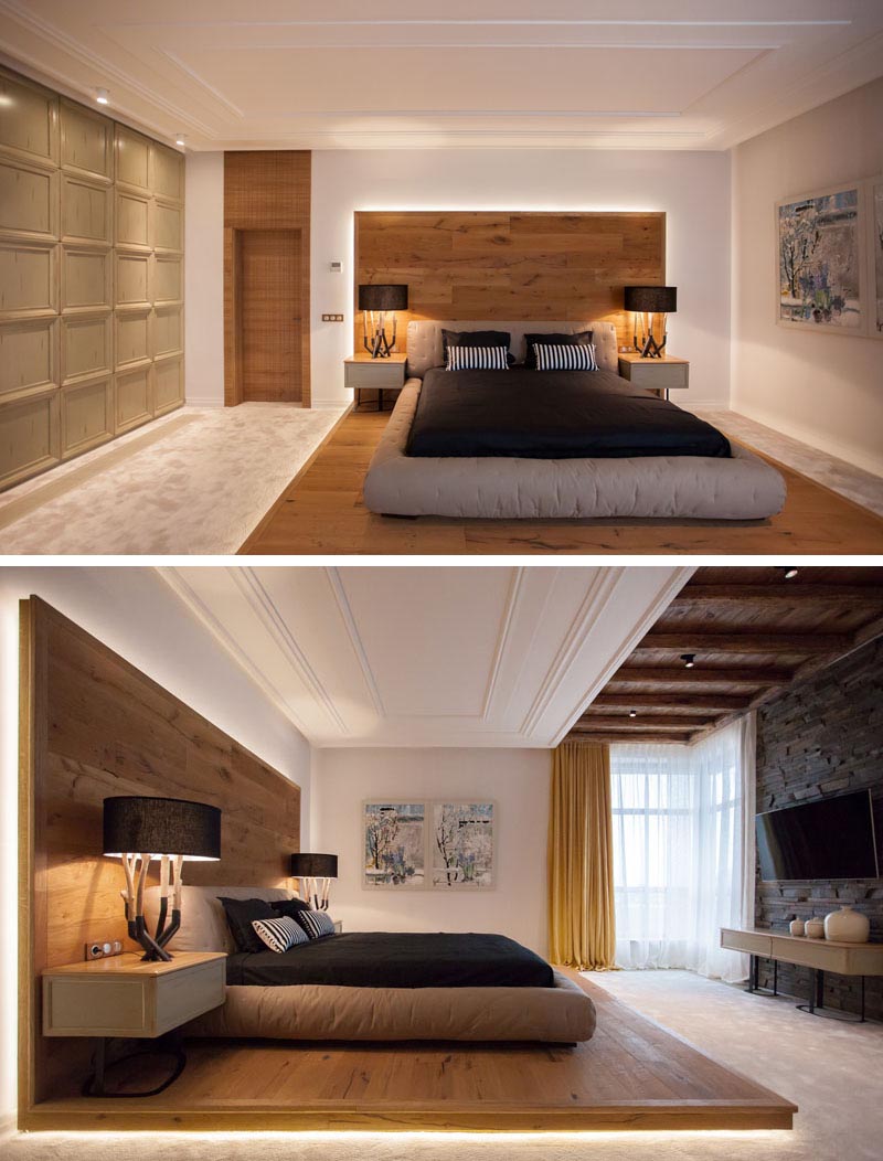 Bedroom Lighting Ideas - A modern white bedroom with a wood headboard that showcases hidden LED lighting.