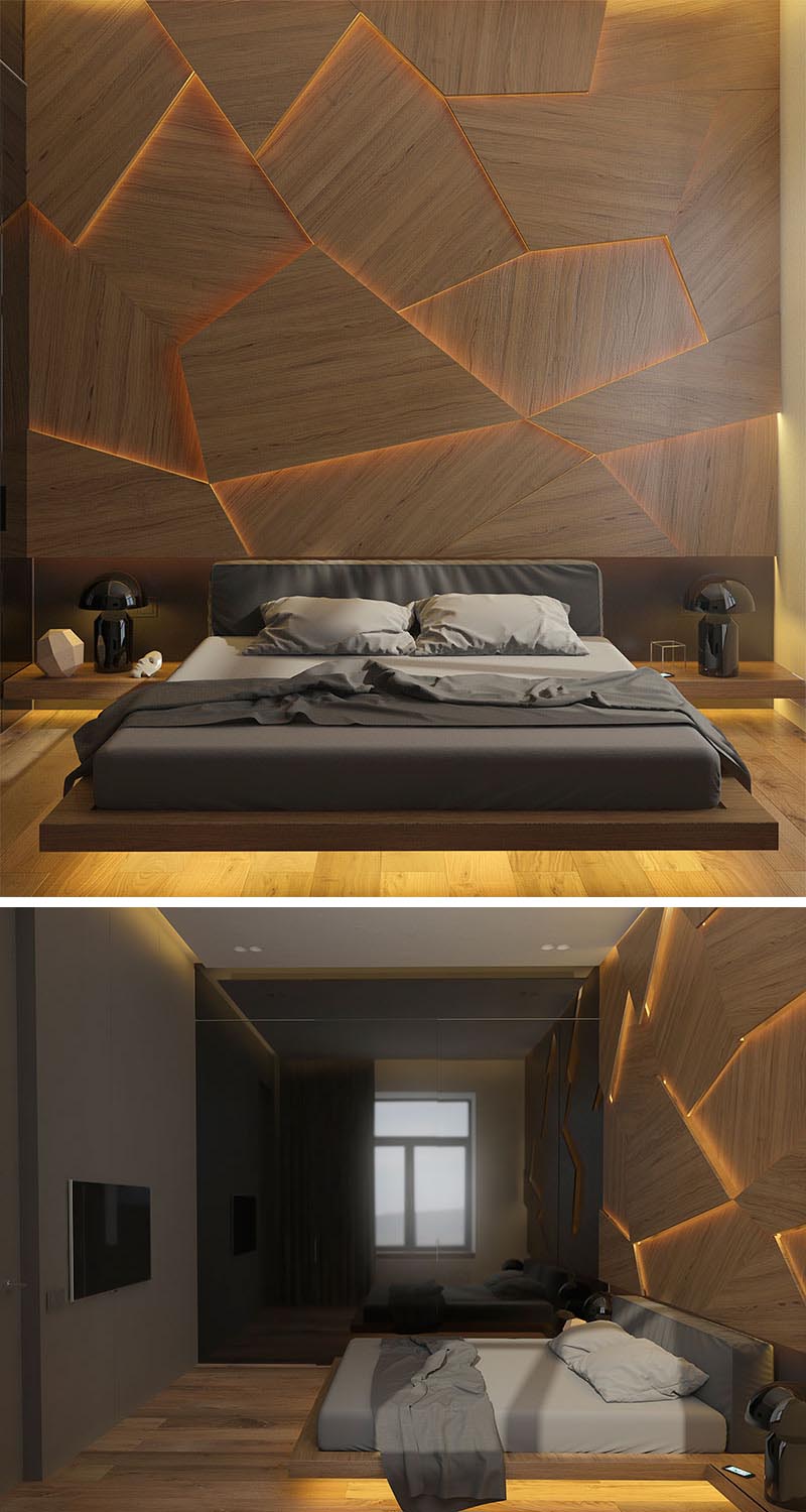 Bedroom Lighting Ideas - A modern bedroom with a geometric wood accent wall that showcases hidden LED lighting.
