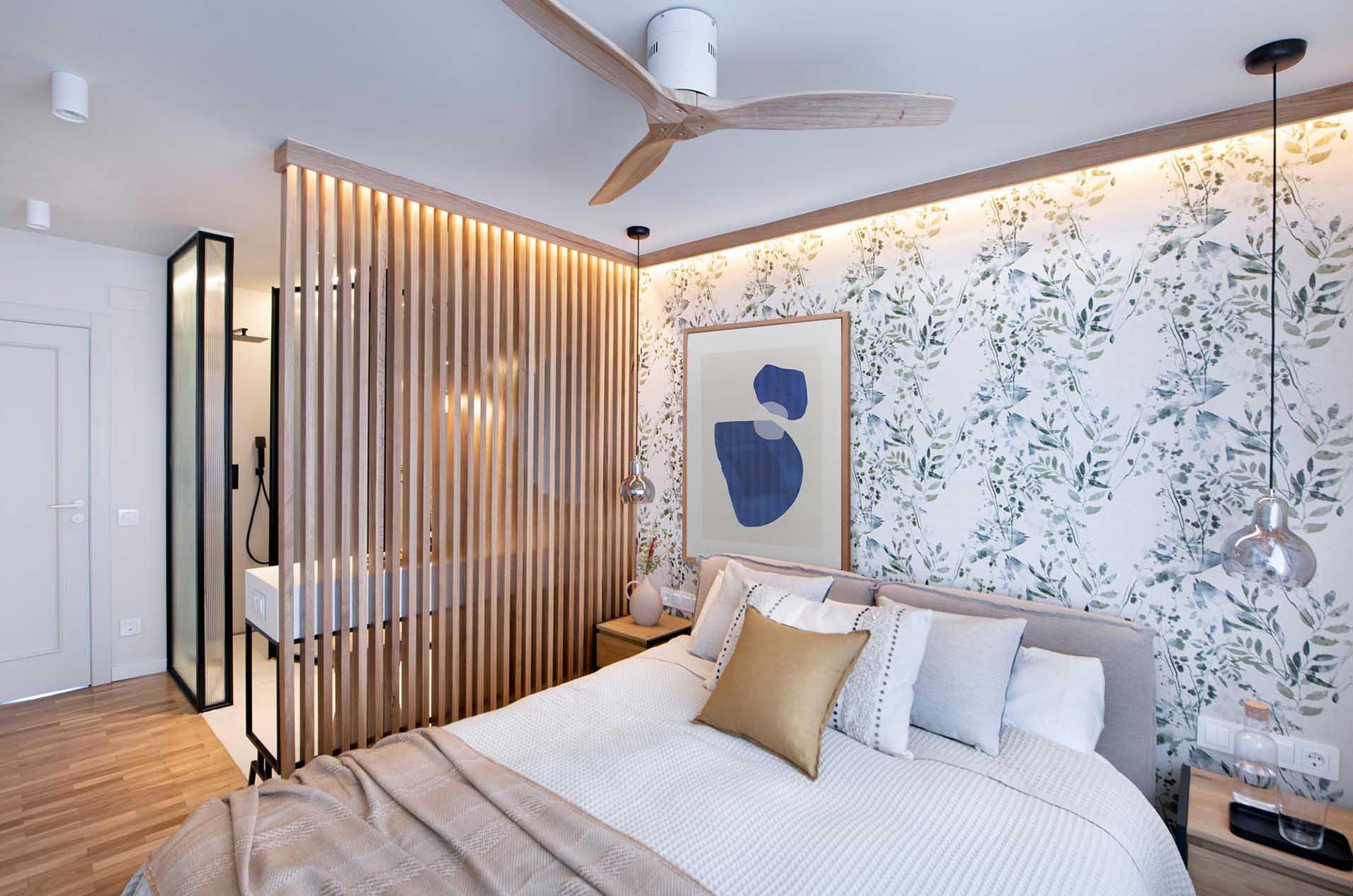 Bedroom Design Ideas - A modern bedroom with hidden LED lighting behind a wood accent strip.