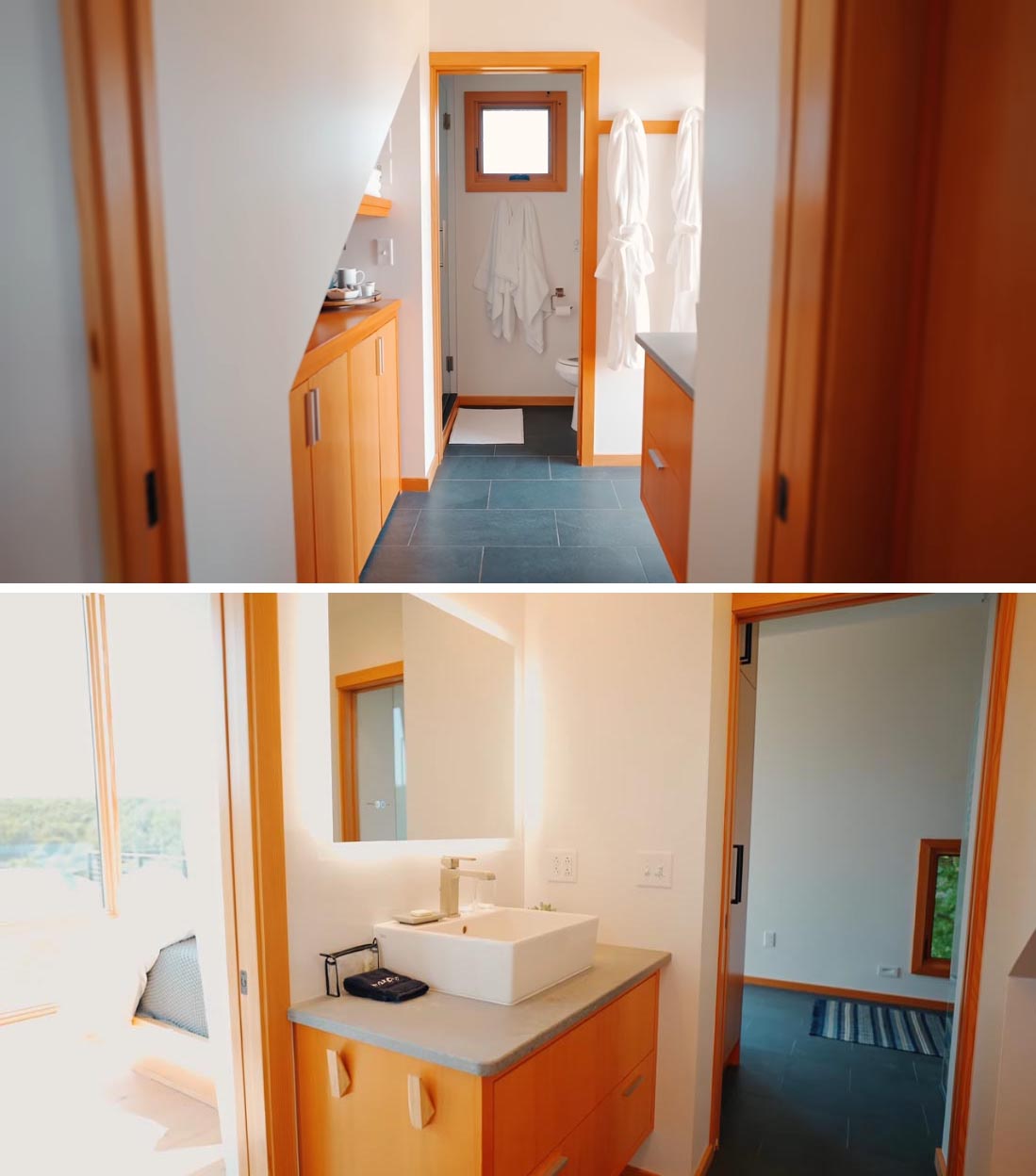 The modern bathroom of a small two-storey cabin.