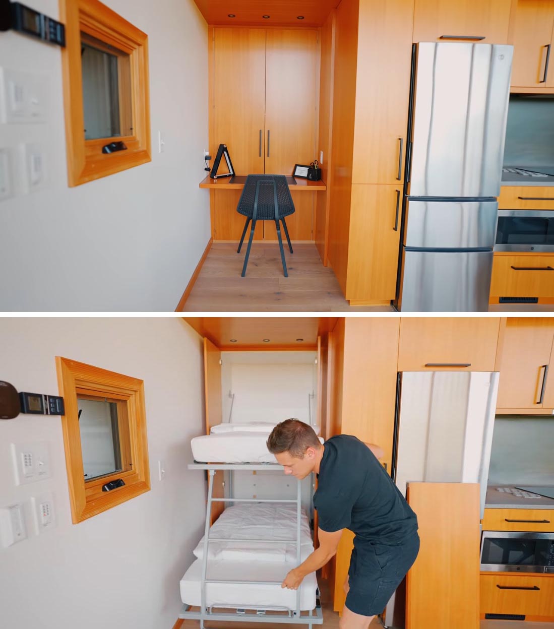 This modern cabin includes a writing desk at the end of the kitchen, and a hidden pull-down murphy bunk bed tucked into the cabinetry.