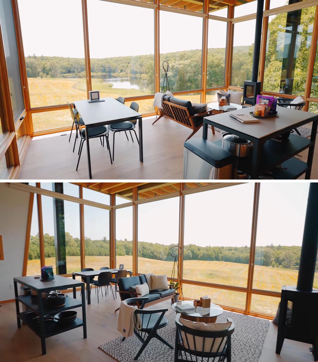 The upper level of this modern cabin is home to an open plan glass-walled living room, dining area, and small kitchen.