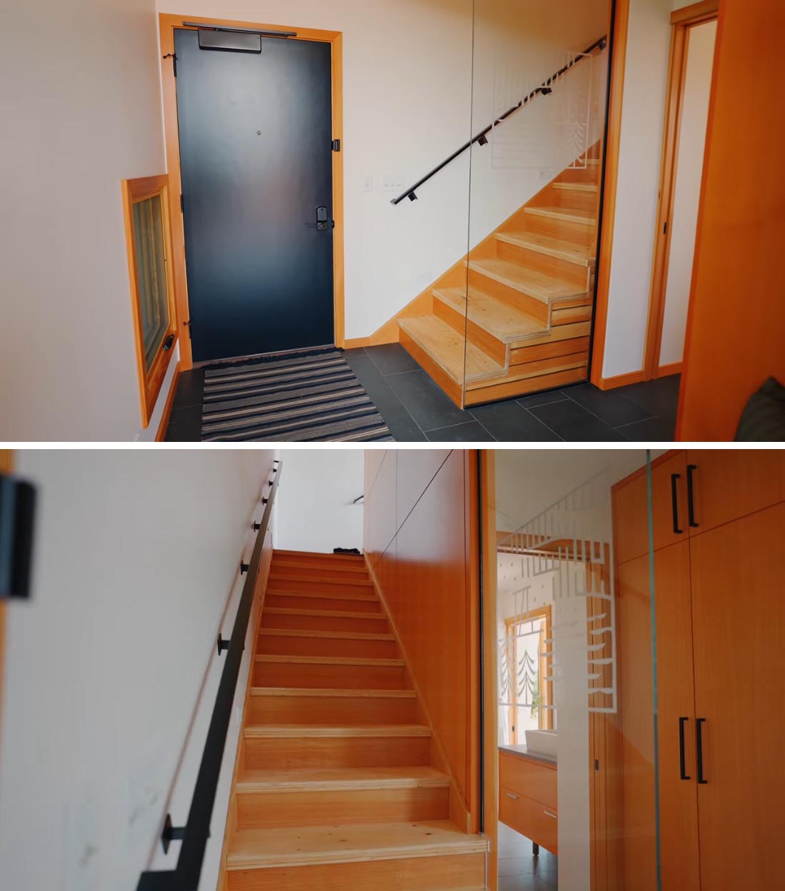 A wood-lined staircase by the front door connects the upper level of the cabin.