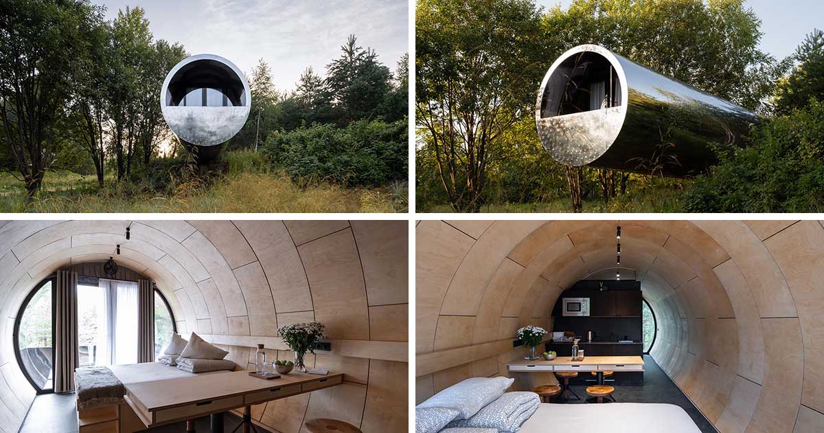 This Tube-Shaped Cabin With A Polished Metal Exterior Hovers Over The Surrounding Landscape