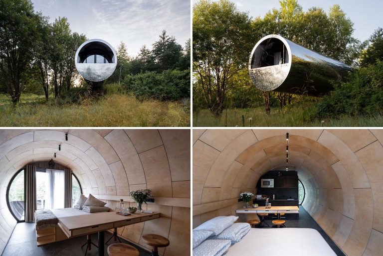 This Tube-Shaped Cabin With A Polished Metal Exterior Hovers Over The Surrounding Landscape