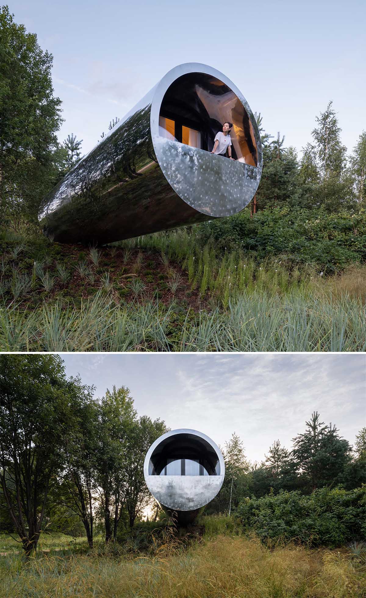 A unique tube-inspired cabin with a stainless steel exterior and a wood-lined interior.