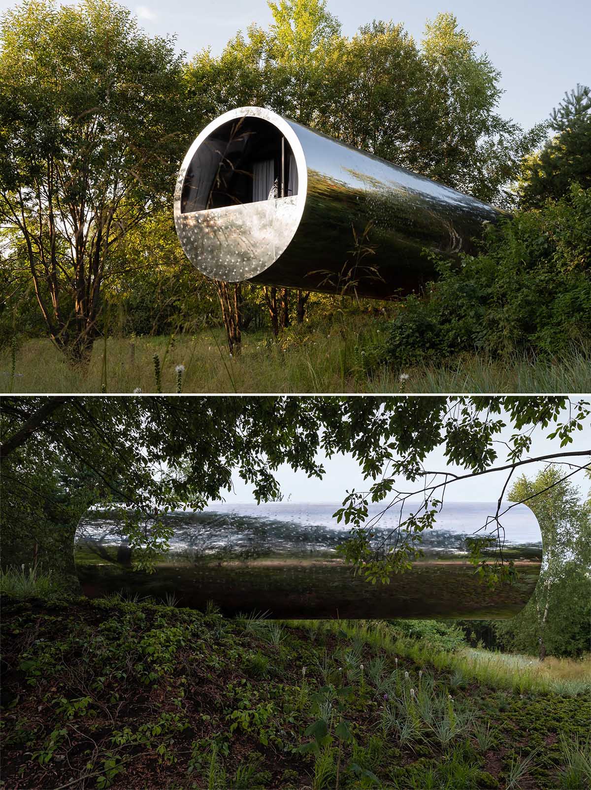 A unique tube-inspired cabin with a stainless steel exterior and a wood-lined interior.