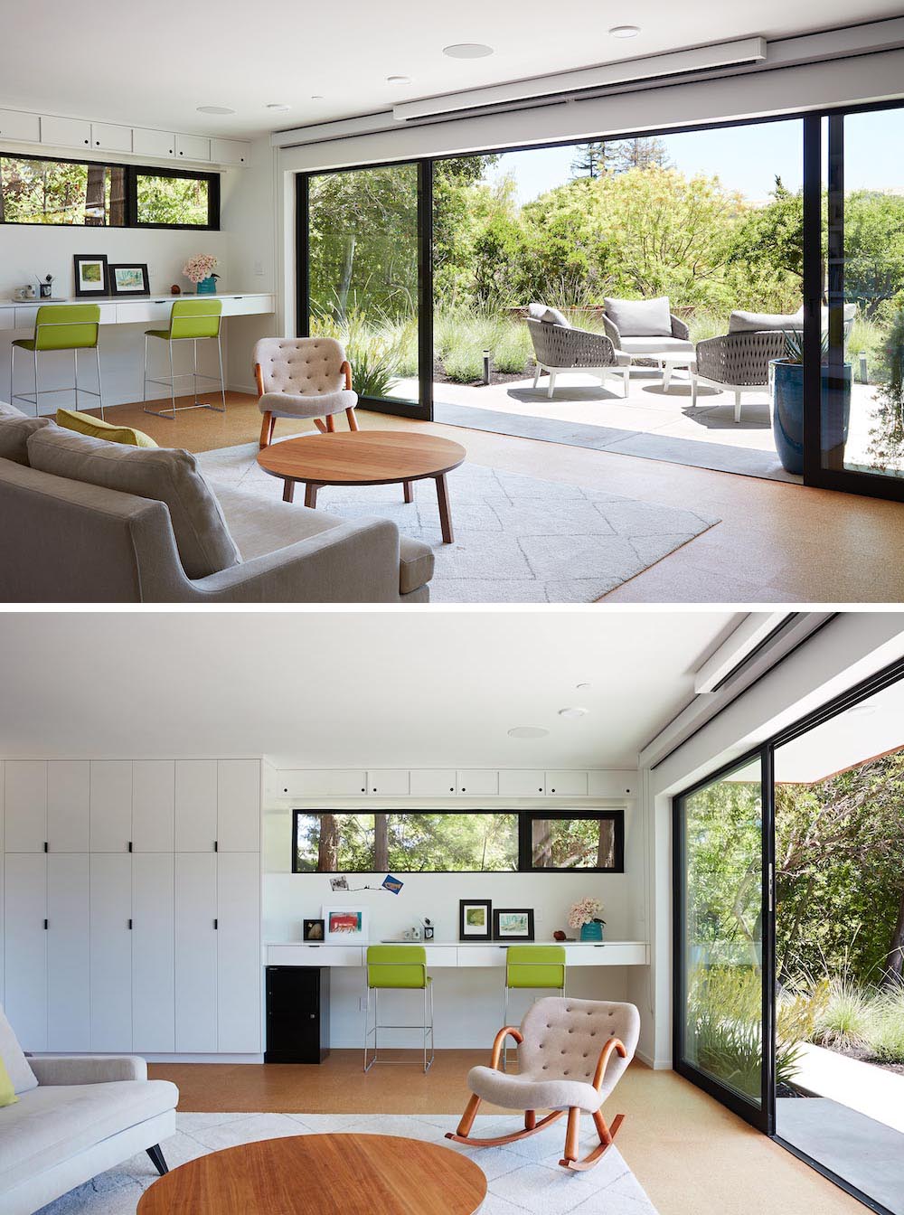 A modern family room with easy access to a new outdoor patio through floor to ceiling, full-width glass sliders.