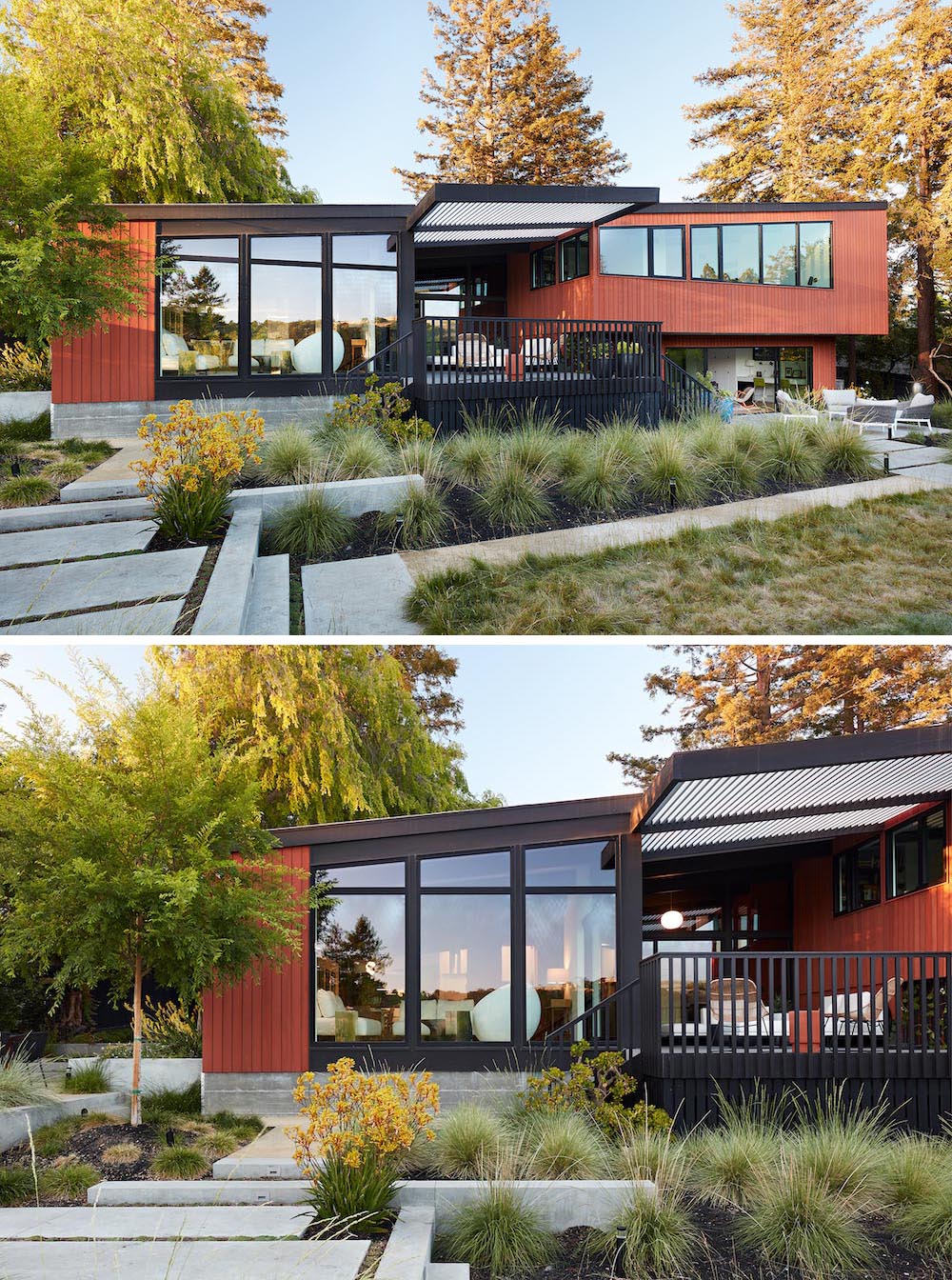 A remodeled mid-century modern house with a mix of relaxing outdoor patio spaces that blend into the native landscaping.