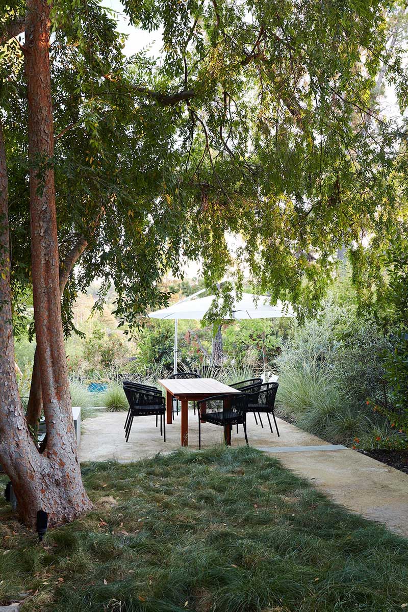 A remodeled mid-century modern house with a mix of relaxing outdoor patio spaces that blend into the native landscaping.