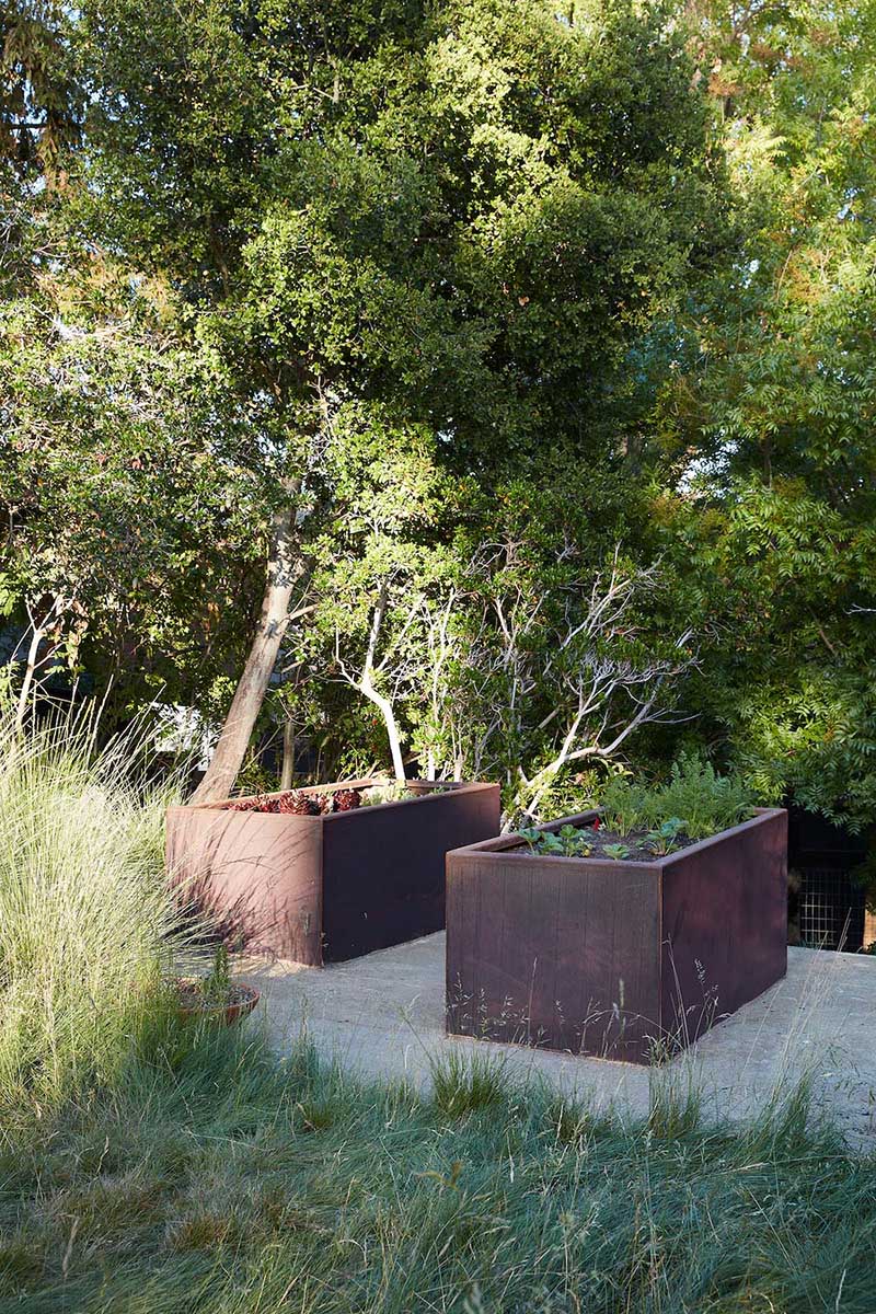 A remodeled mid-century modern house with a mix of relaxing outdoor patio spaces that blend into the native landscaping.