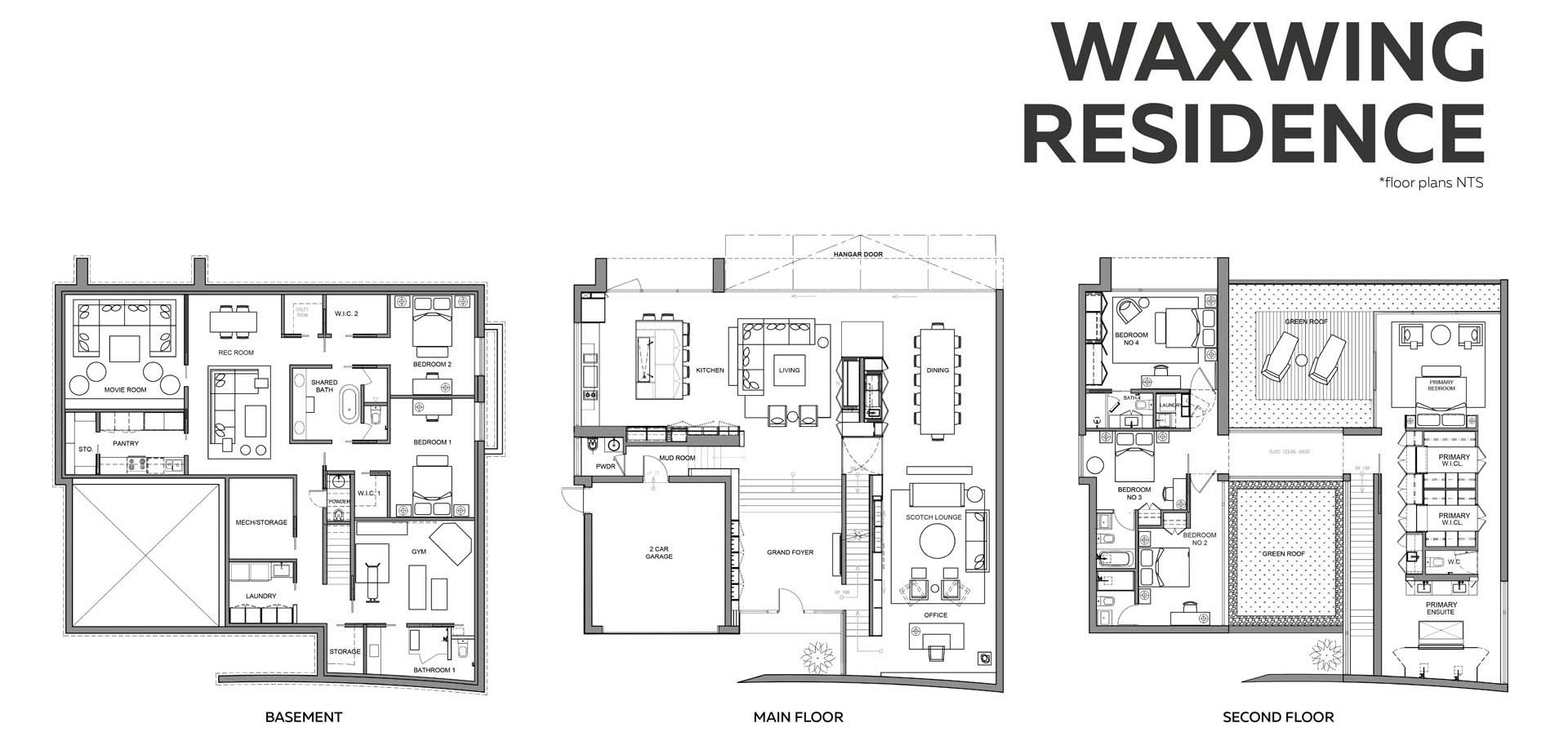 The floor plan of a modern home with three levels.