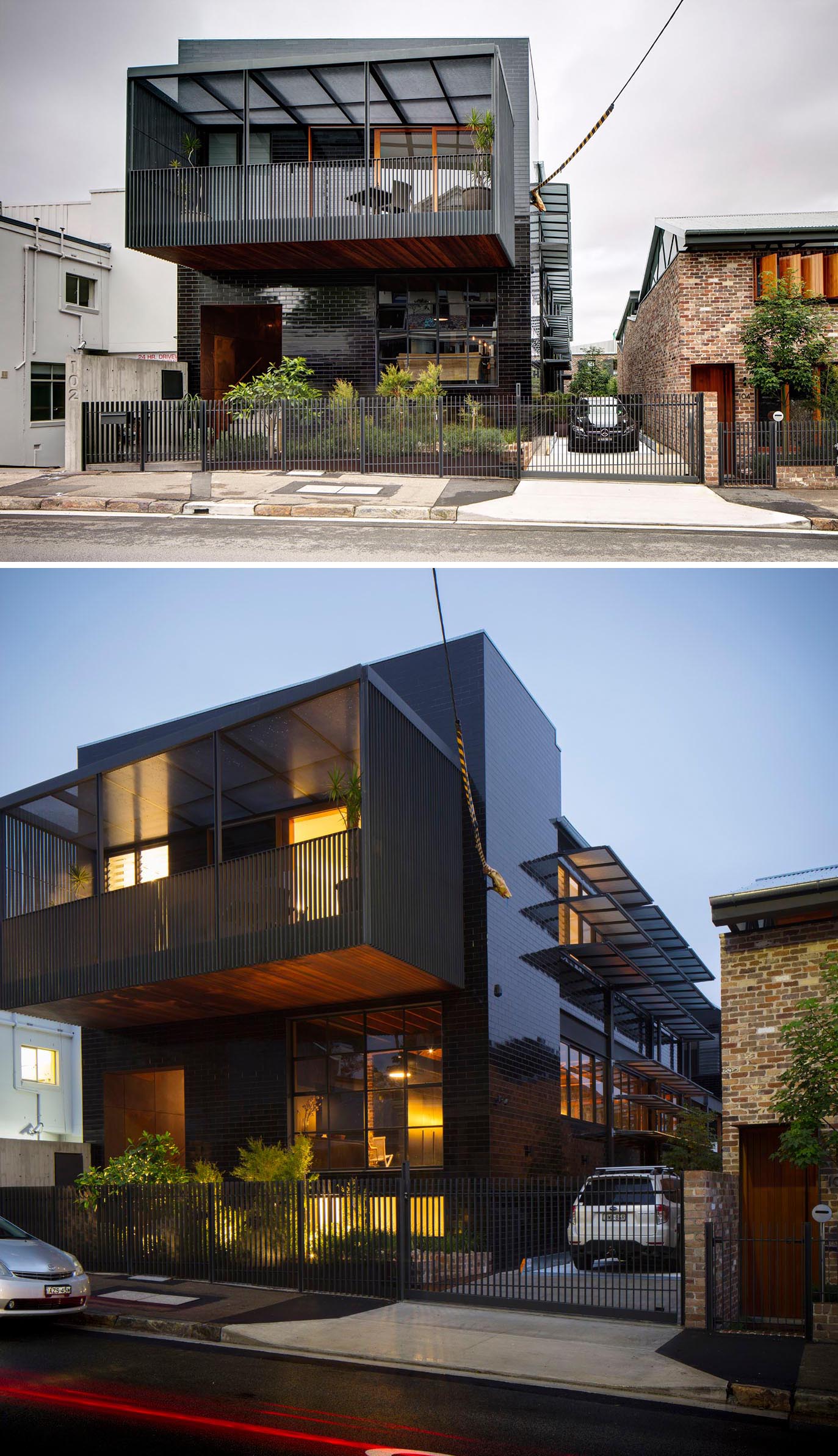 This modern home showcases a facade of glazed black tiles providing a new sophisticated exterior provides a backdrop for the landscaping, which includes a lush urban garden and a small pond.