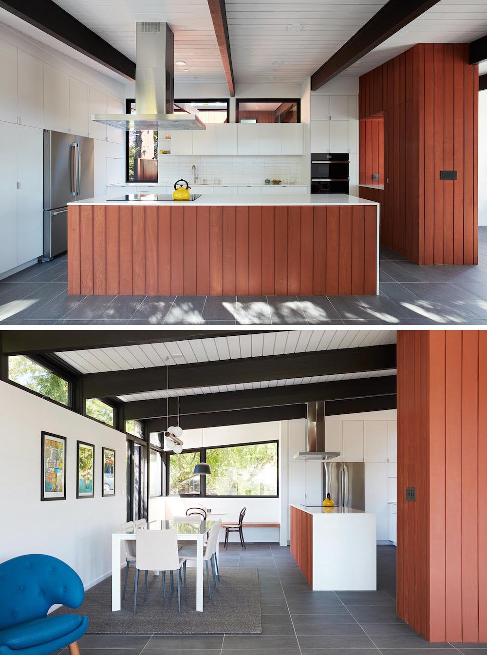 A remodeled kitchen with white cabinets, an open dining area, and a corner breakfast nook.