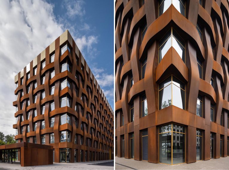 Weathered Steel Appears To Be Woven On The Exterior Of This New Office Building