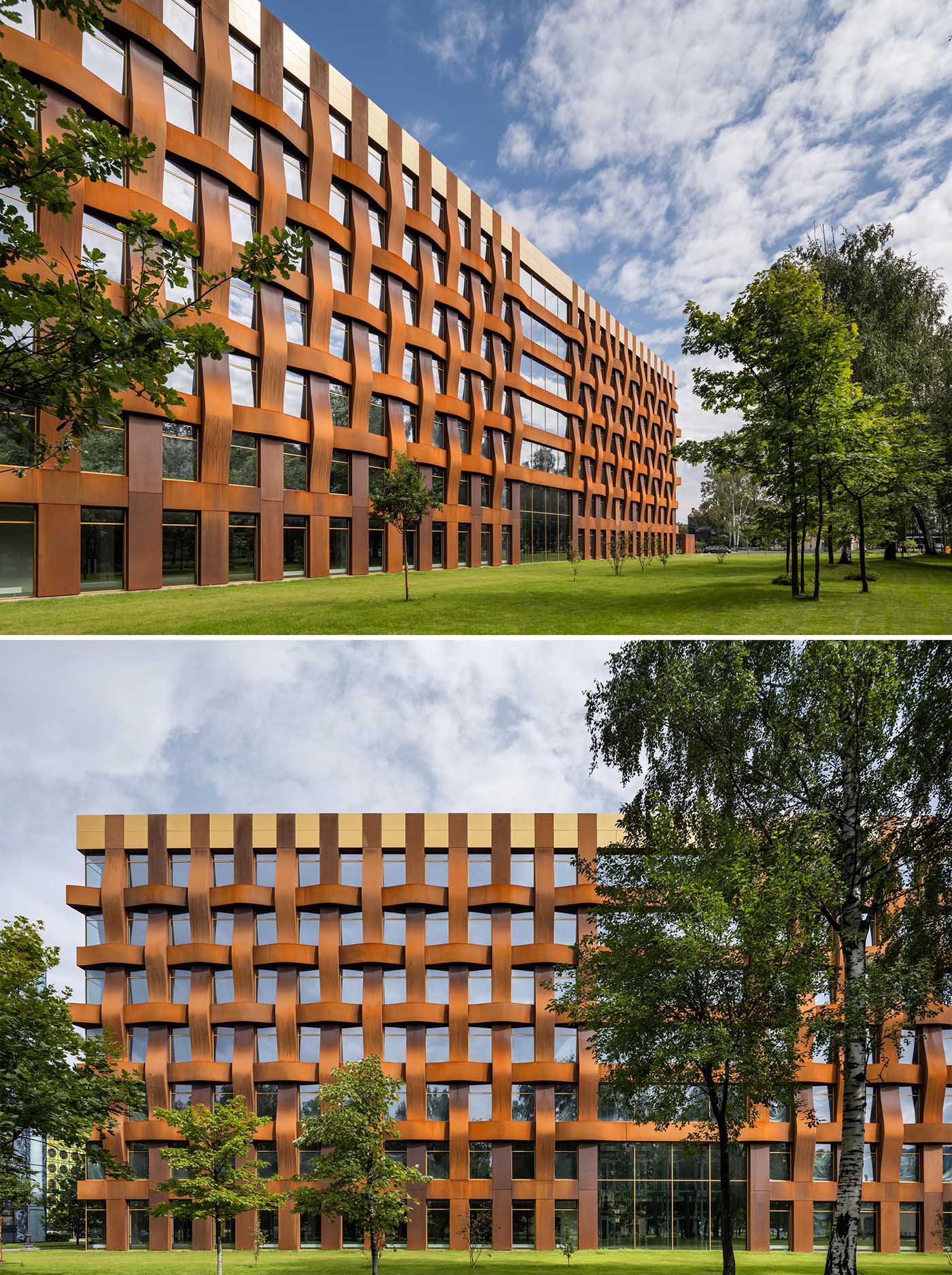 The sculptural weathered steel facade of this modern office building is constructed in a geometric grid and presents itself as a dynamic, organically flowing fabric of loose "warp and weft" threads.