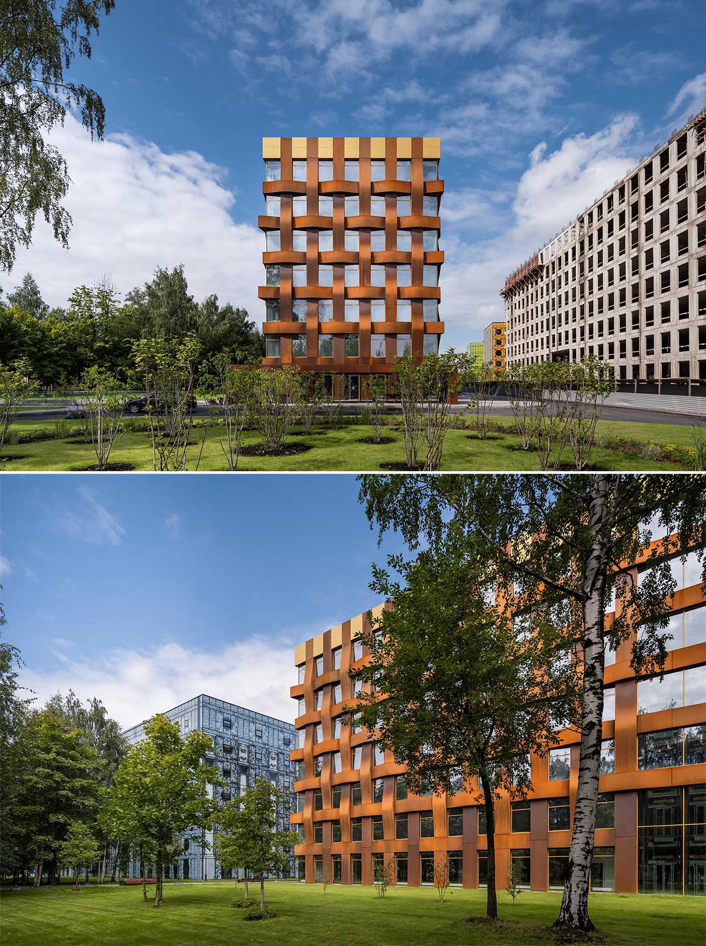 The sculptural weathered steel facade of this modern office building is constructed in a geometric grid and presents itself as a dynamic, organically flowing fabric of loose "warp and weft" threads.