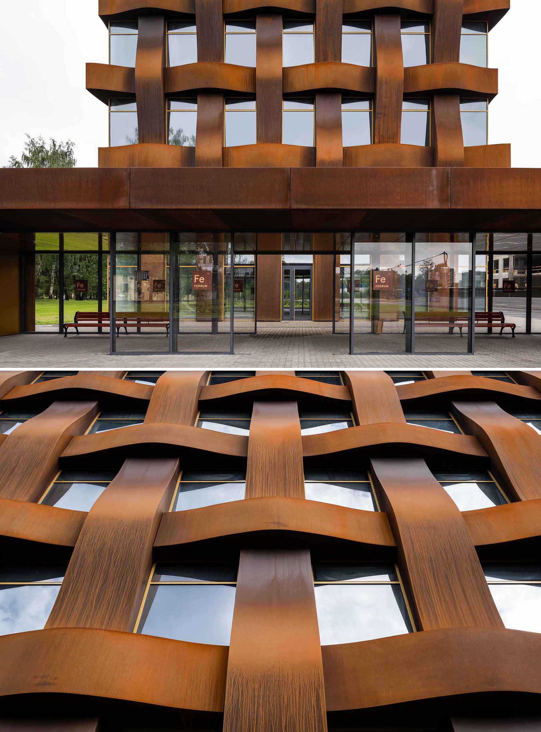 The sculptural weathered steel facade of this modern office building is constructed in a geometric grid and presents itself as a dynamic, organically flowing fabric of loose "warp and weft" threads.