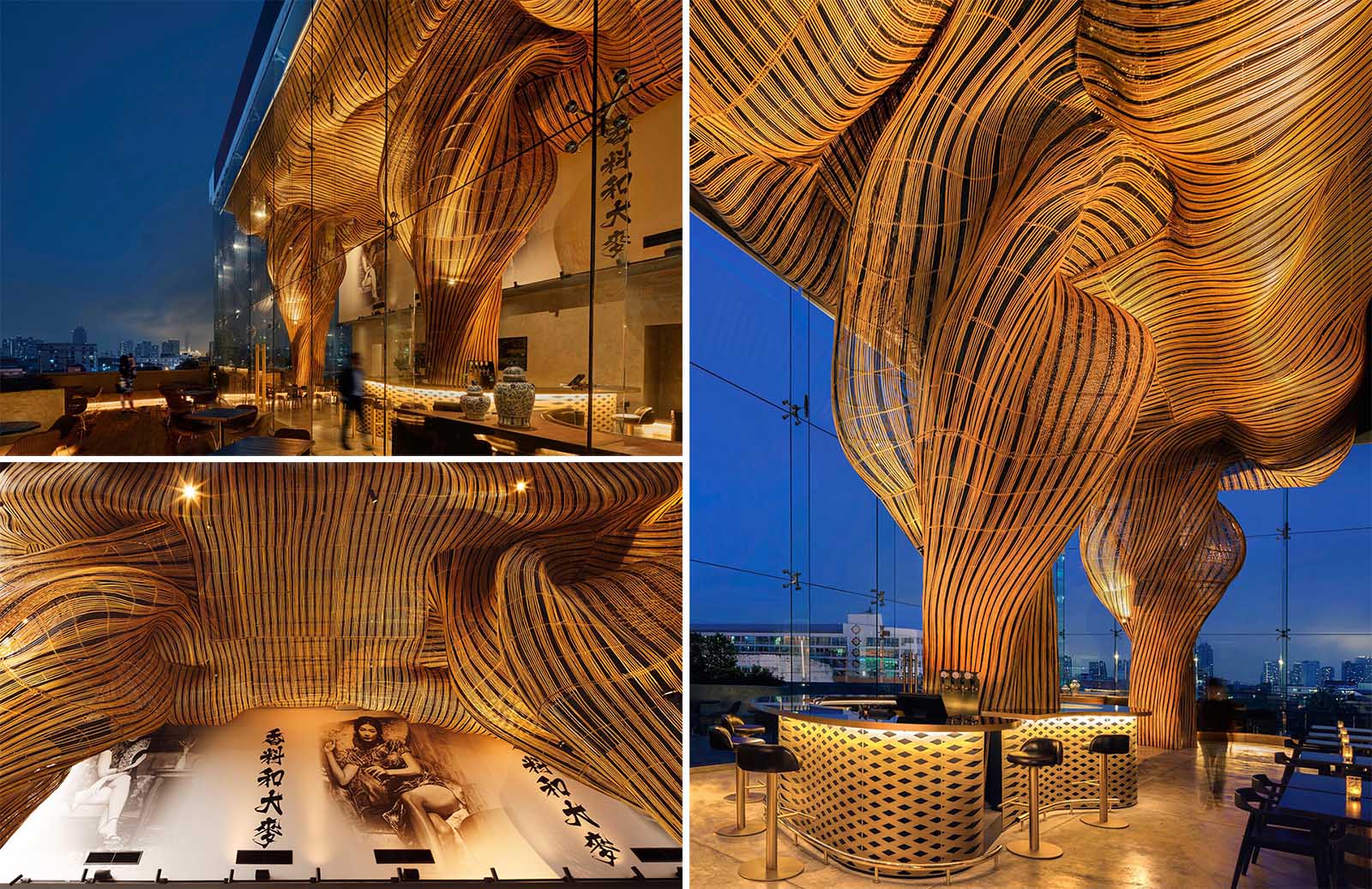 A modern restaurant with a glass facade that showcases flowing rattan sculptures inside.