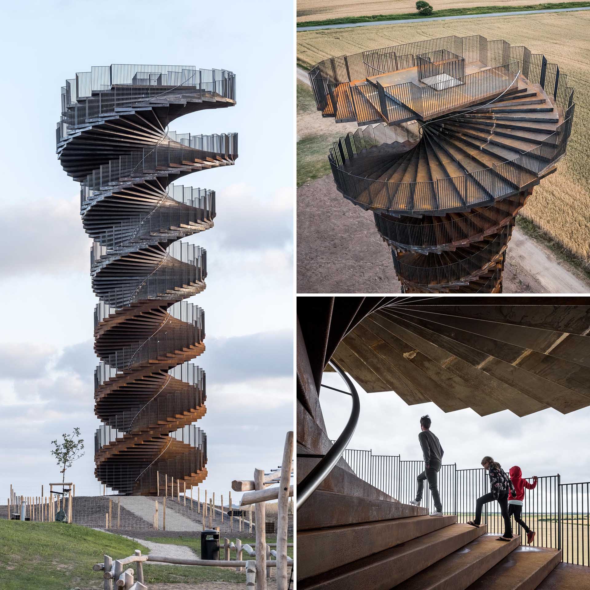 A new spiraling lookout tower in Denmark made from weathered steel.