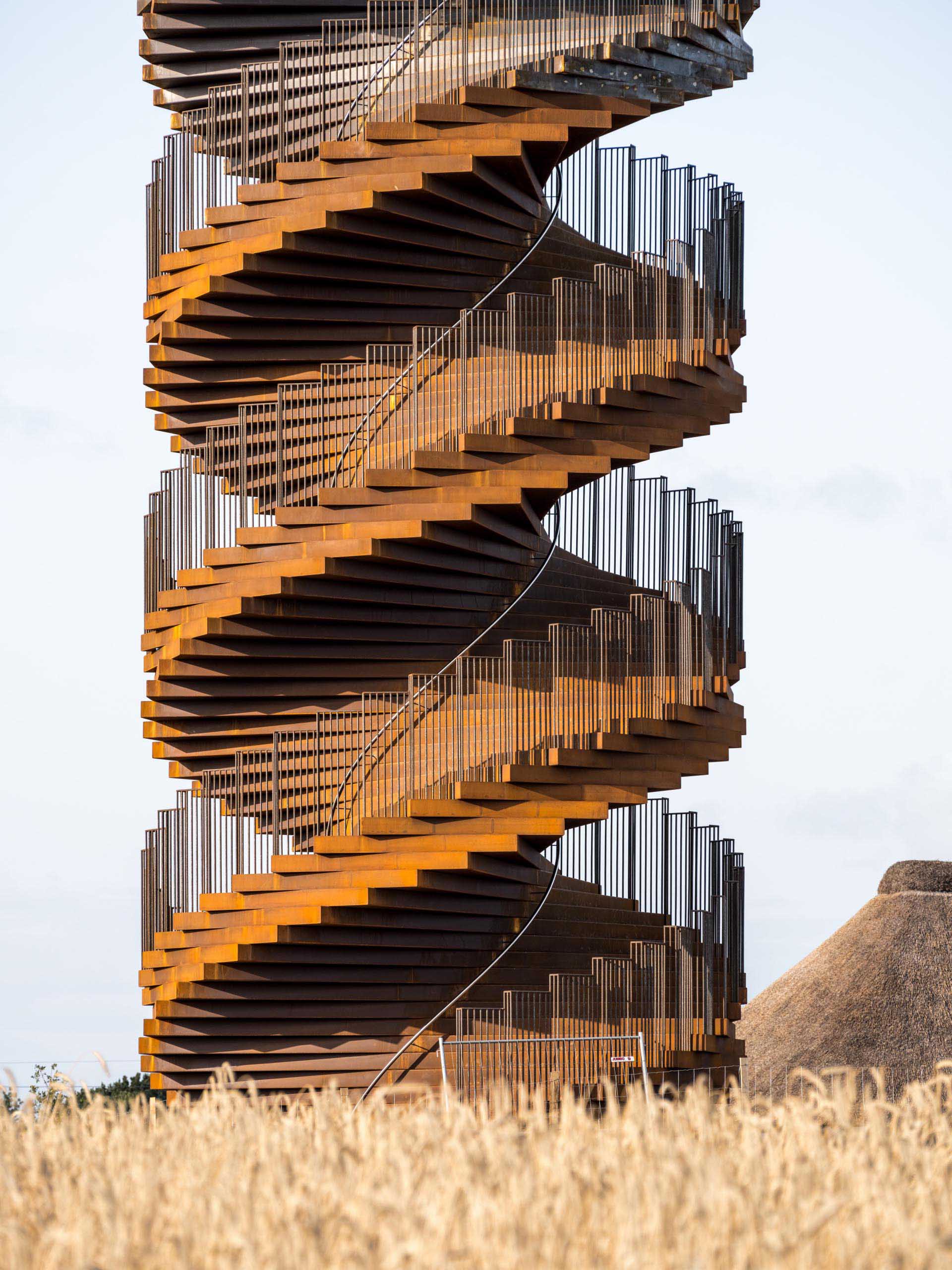 A new spiraling lookout tower in Denmark made from weathered steel.