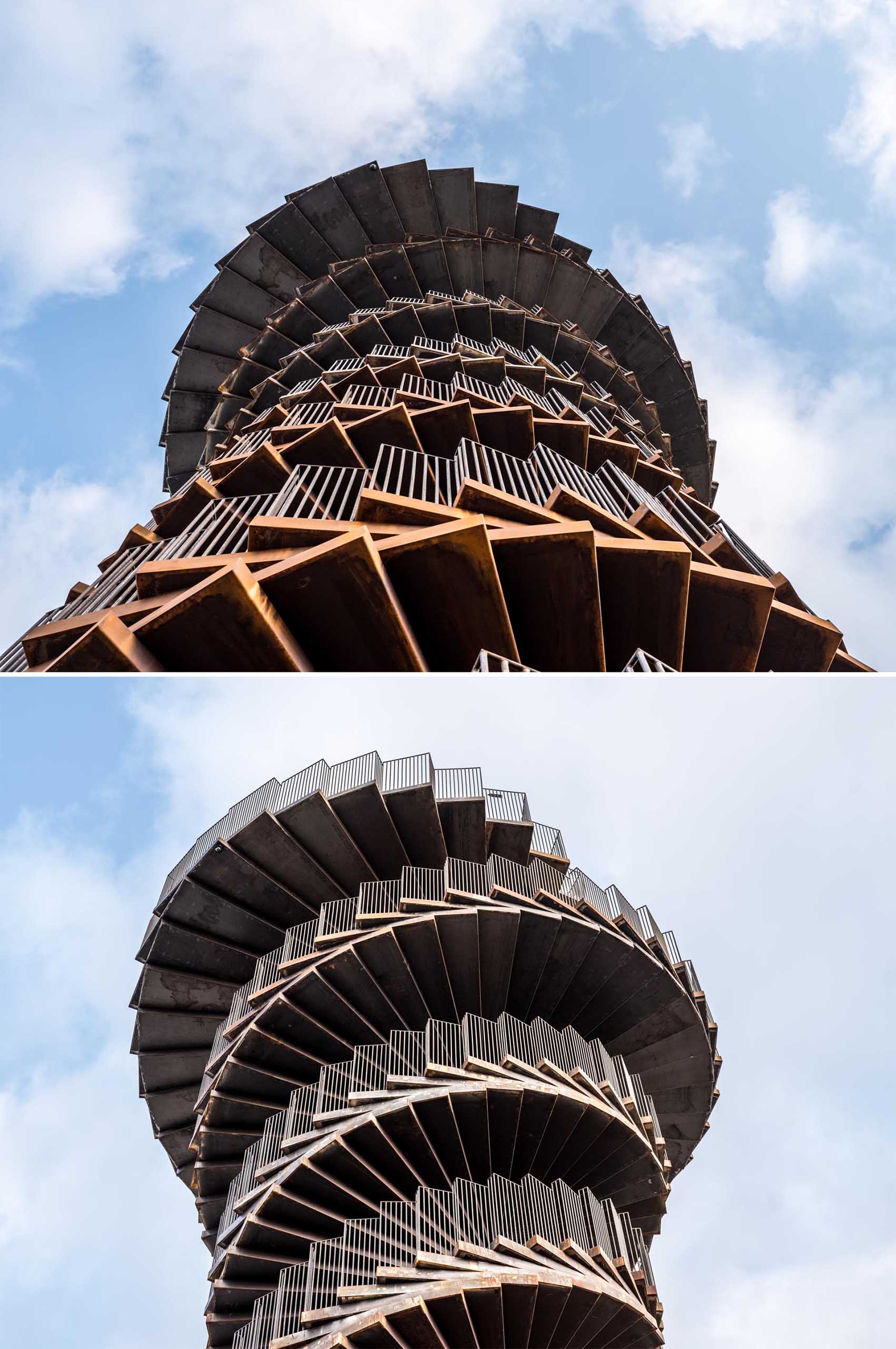 A new spiraling lookout tower in Denmark made from weathered steel.