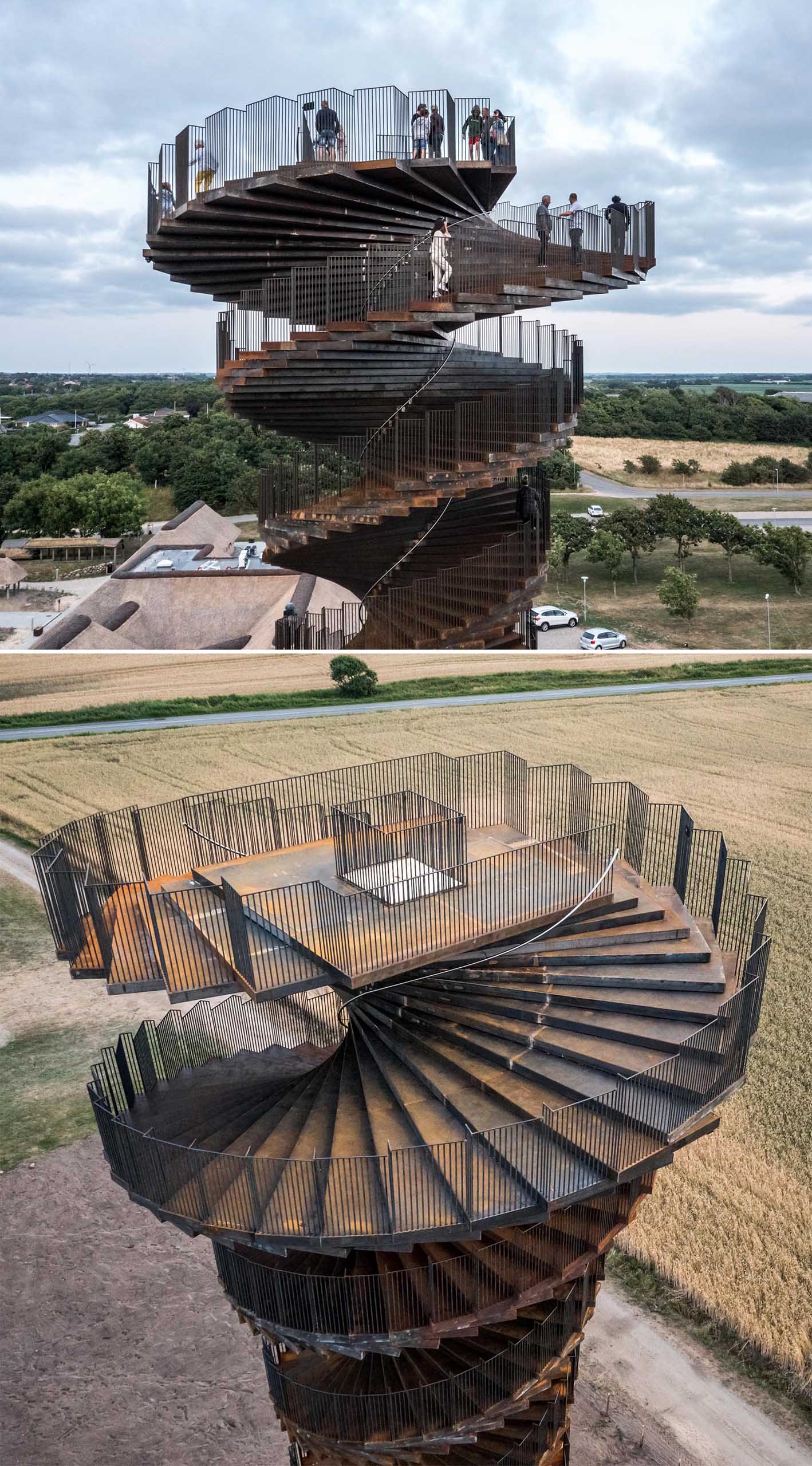 A new spiraling lookout tower in Denmark made from weathered steel.