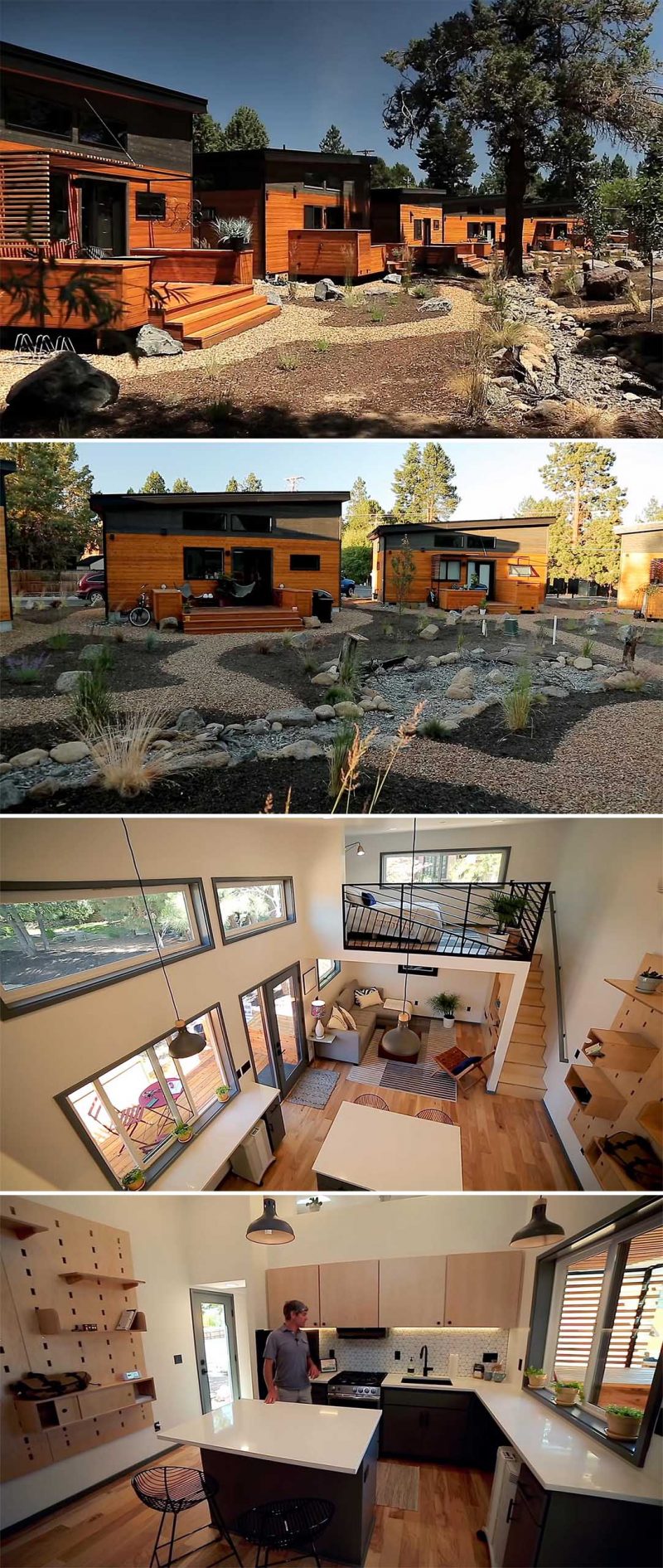 Jesse Russell, owner and creator of Hiatus Homes, has designed a purpose-built village with 22 tiny homes, located in Bend, Oregon. Each tiny house features solar panels, storage for bikes and outdoor gear, a small pergola, an open plan living room and kitchen, and multiple loft areas.