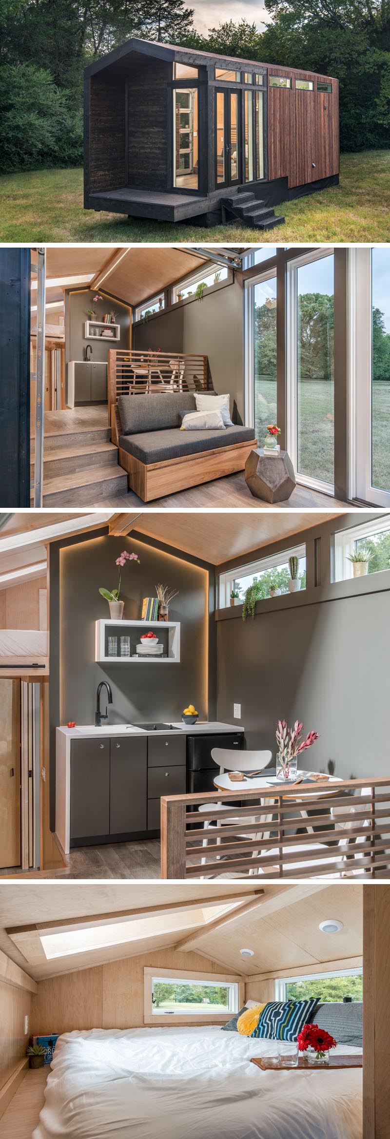 A tiny house with a contemporary gable farmhouse design, different interior levels, and two sleeping areas.