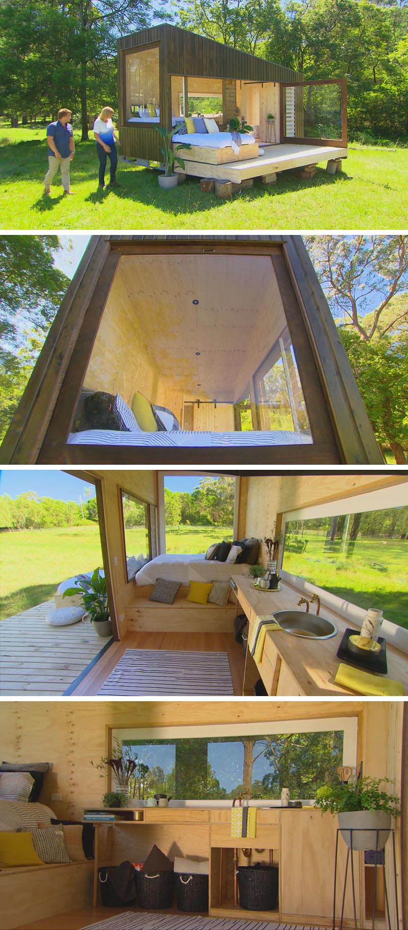 This tiny house in Australia designed by architect Paul Sofronov of Archemy, measures in at just 19 feet x 7 feet, and has a simple modern design that’s covered in cypress pine cladding. There's also a deck that has a daybed that slides out from within the tiny house.