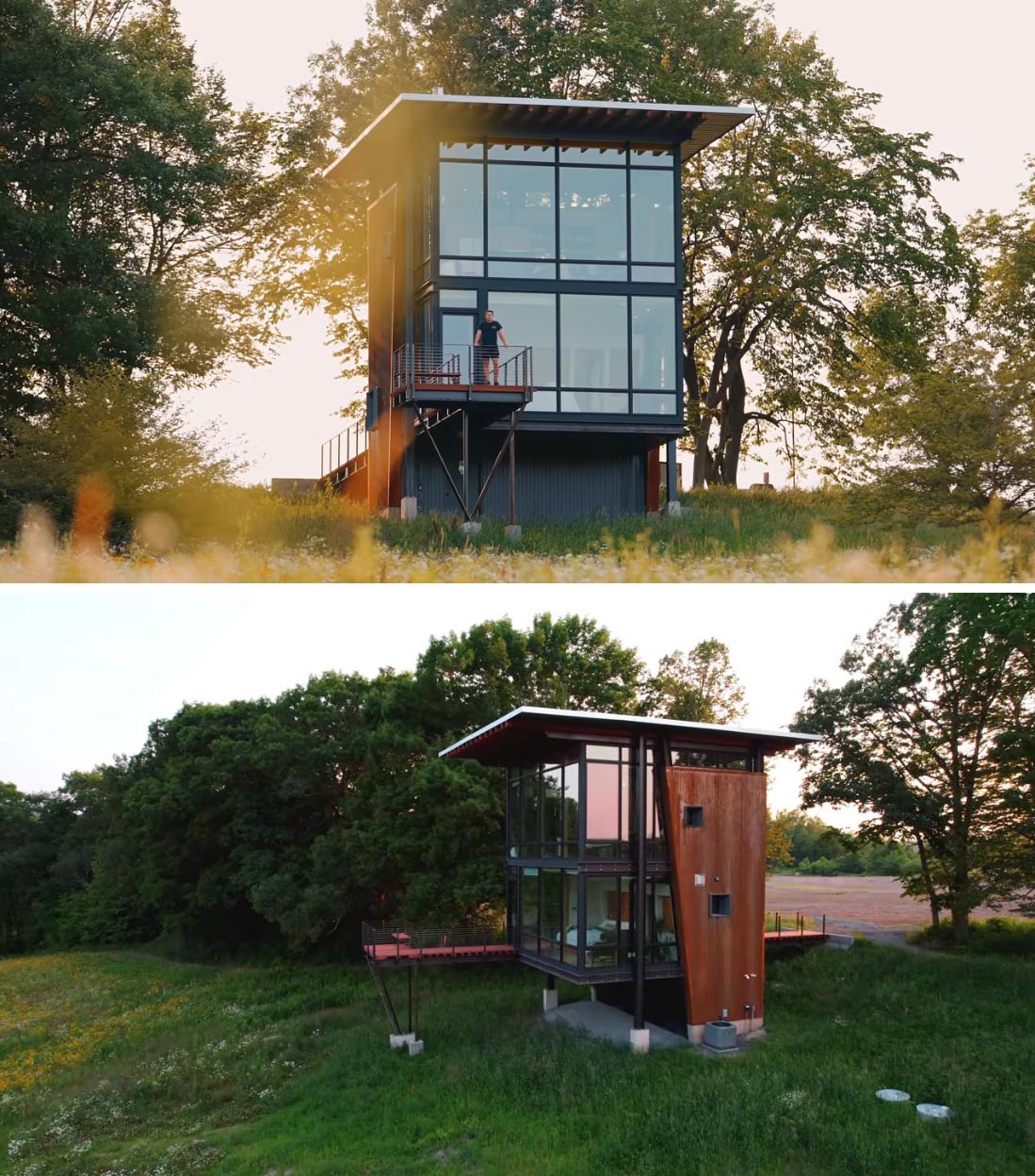 This modern cabin has an exterior of raw, uncoated corrugated steel that's combined with large windows, and a door that opens to an elevated deck that cantilevers over the hillside.