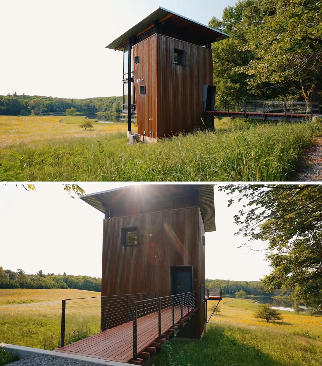 This modern cabin has an exterior of raw, uncoated corrugated steel that's combined with large windows, and a door that opens to an elevated deck that cantilevers over the hillside.