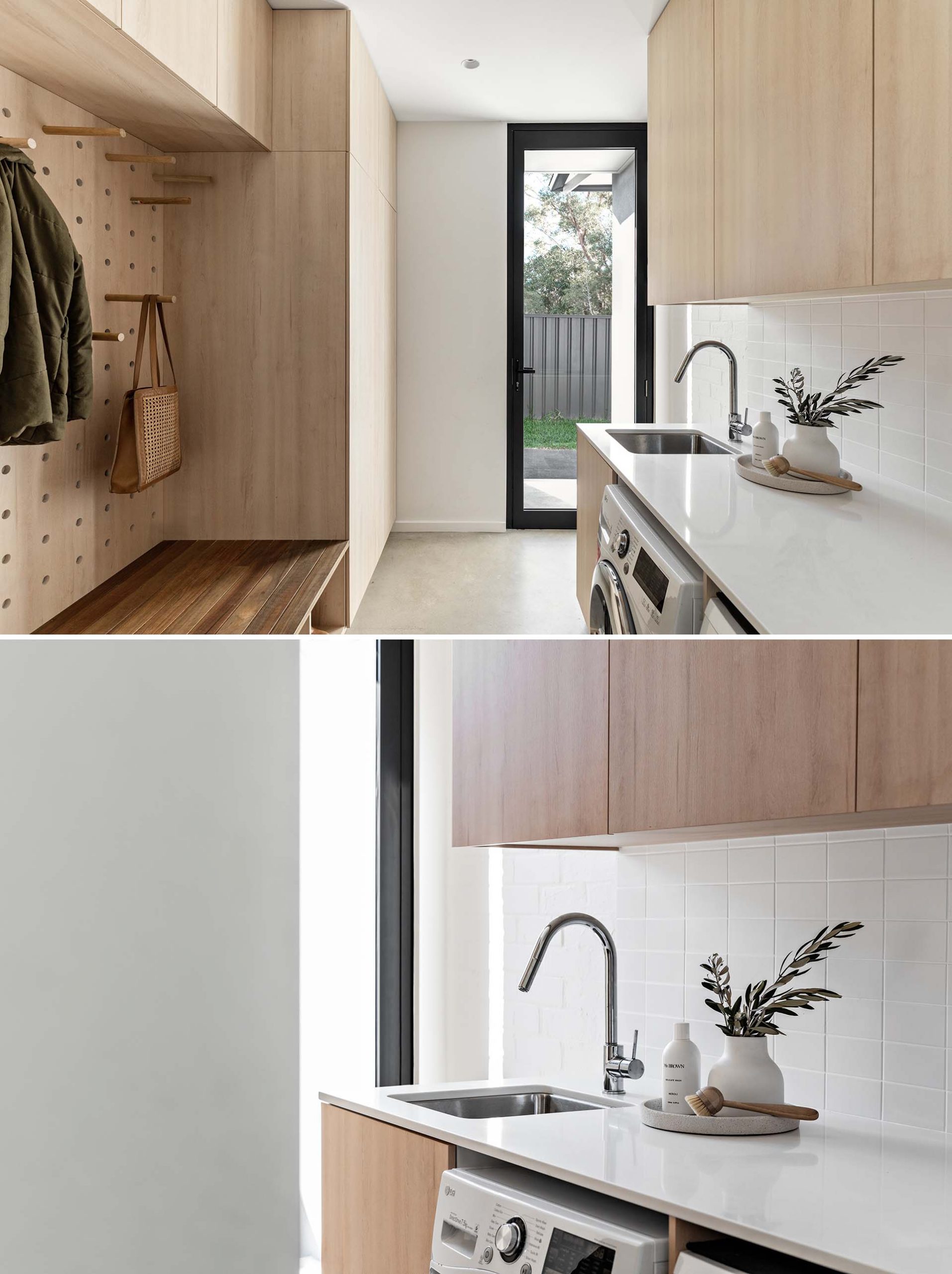 A modern mudroom / laundry room with minimalist wood cabinets, a wood bench, shoe storage, white countertop, and pegboard storage wall.