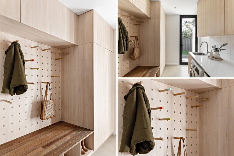 A Combined Mudroom And Laundry Room With A Pegboard Wall Is A New Addition To This Remodeled Home