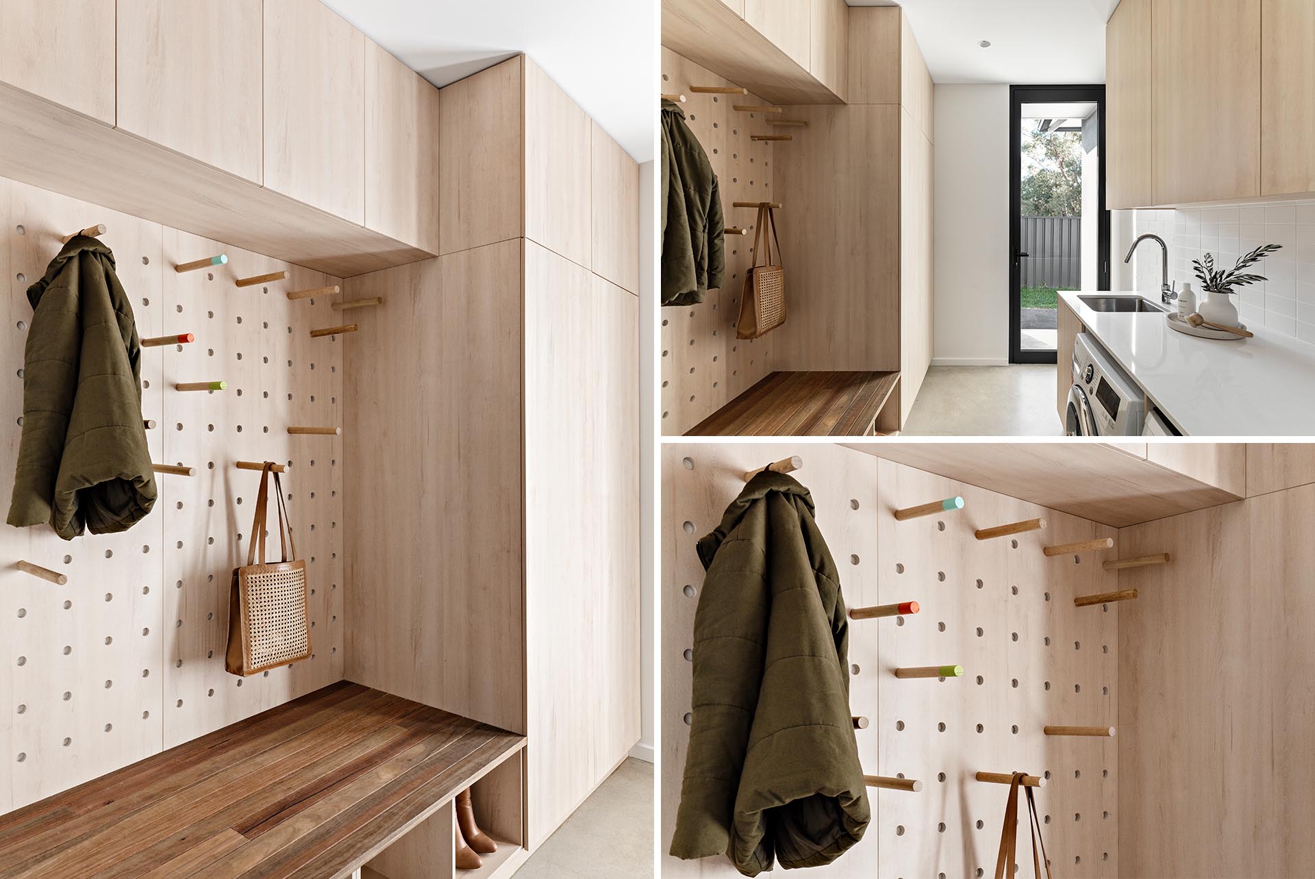 A modern mudroom / laundry room with minimalist wood cabinets, a wood bench, shoe storage, white countertop, and pegboard storage wall.