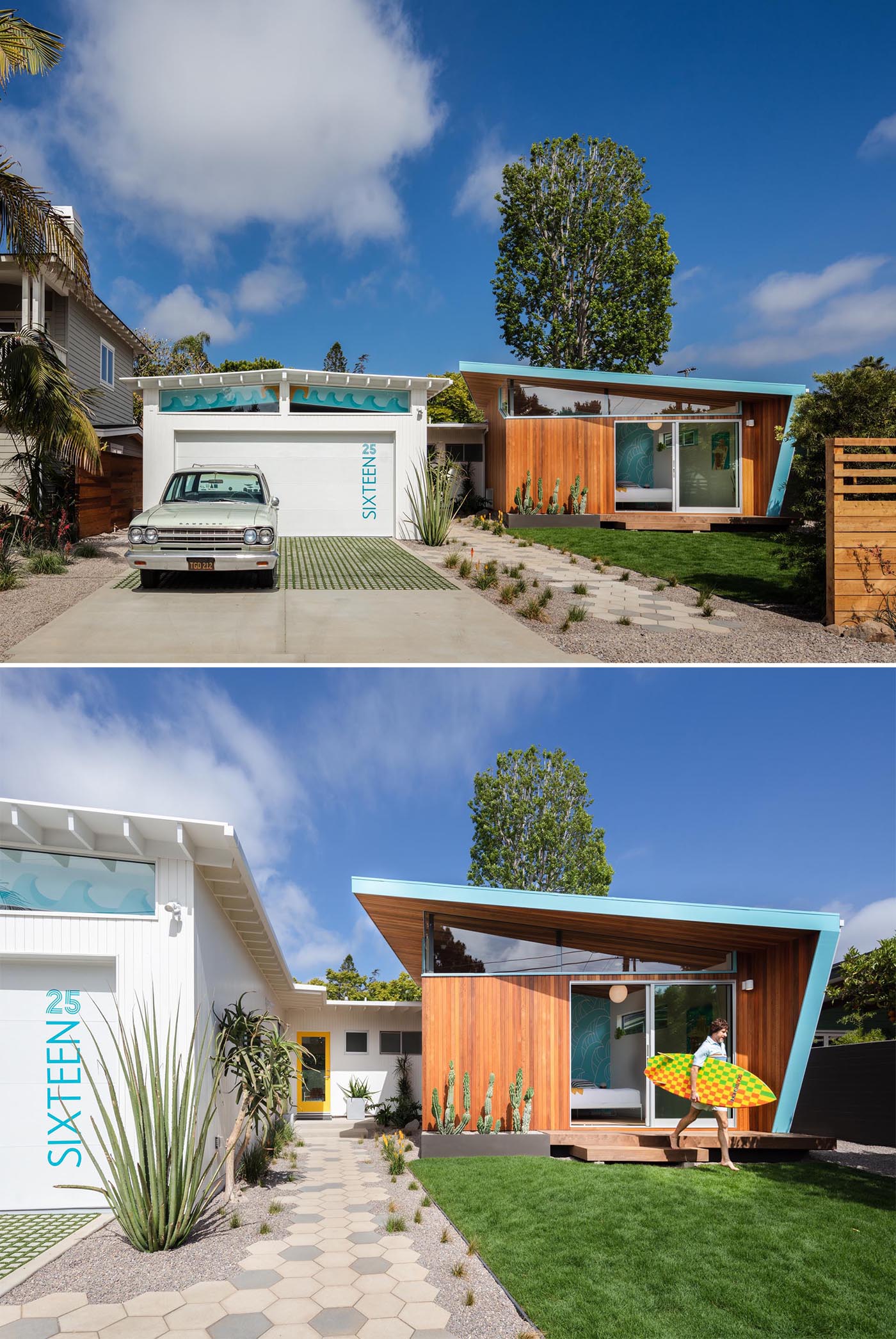 The updated exterior of this mid-century modern home showcases more usable green space and a permeable grass driveway, while an all new pavilion stands out by the tall-angled roofline with blue accents, and hexagonal pavers lead to the yellow front door.