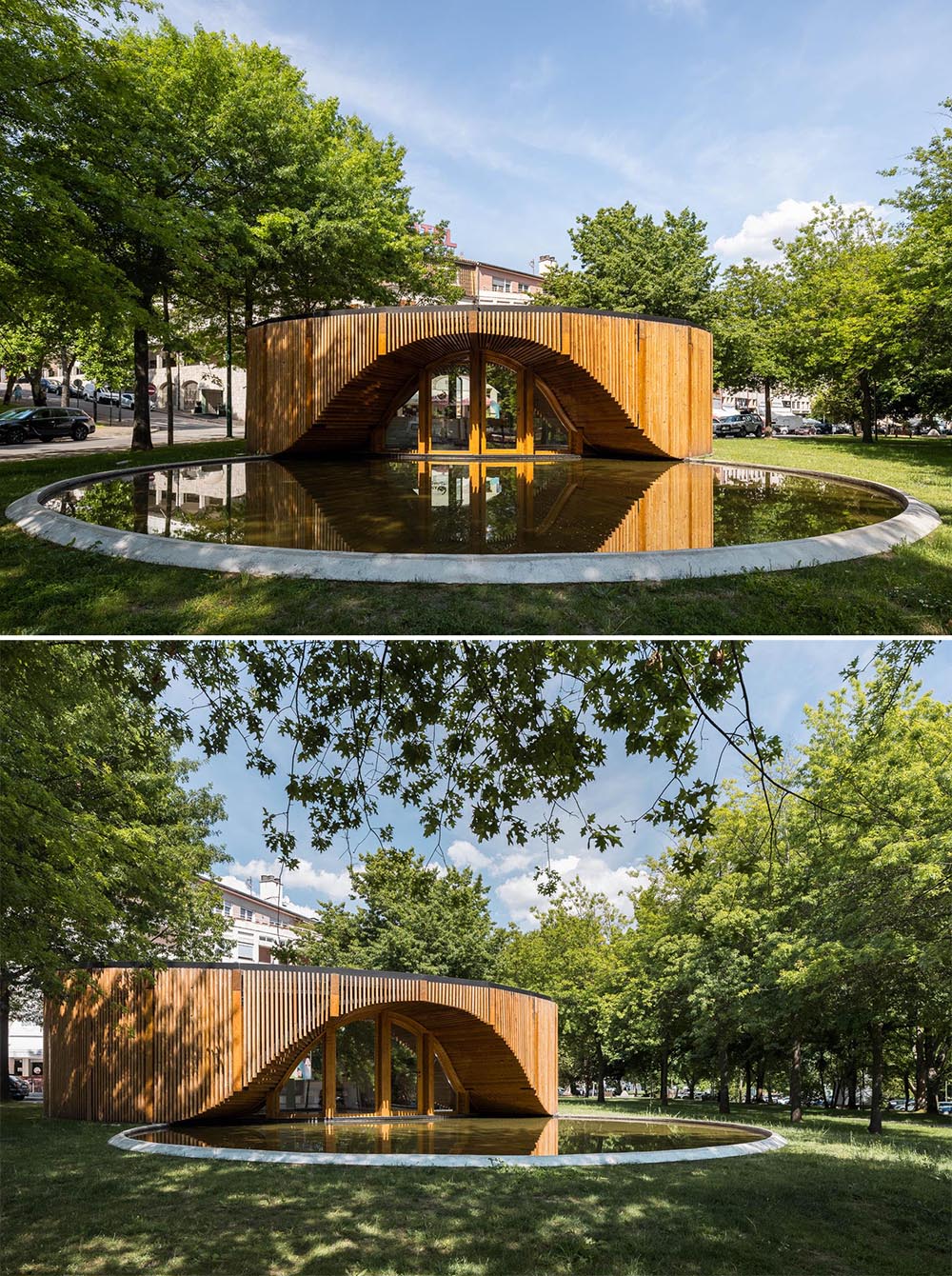 The circular design of this modern building is accented by a reflection pool and wood slat exterior.