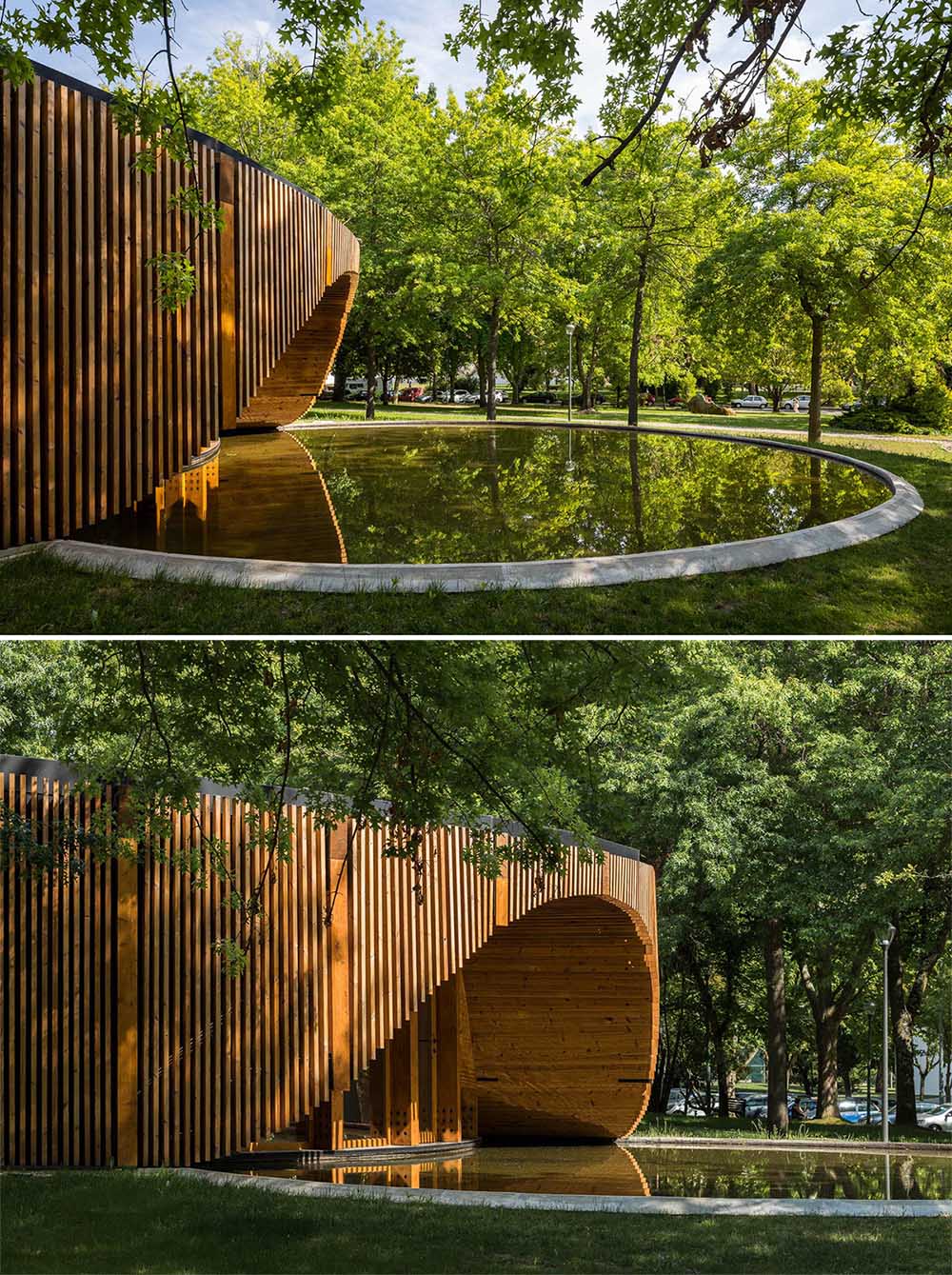 The circular design of this modern building is accented by a reflection pool and wood slat exterior.