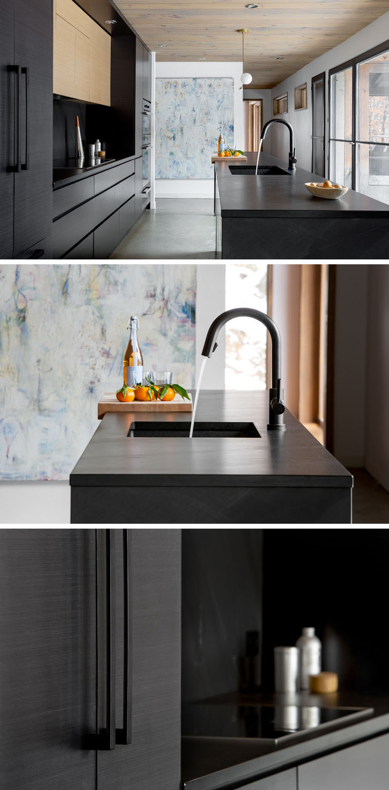 Interior designer Catlin Stothers completed a modern house interior with a new black kitchen. 