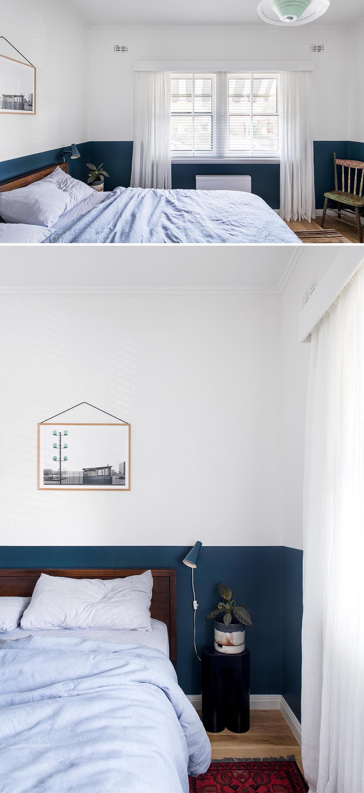 This contemporary bedroom has a bold pop of dark blue that wraps around the lower section of the wall.