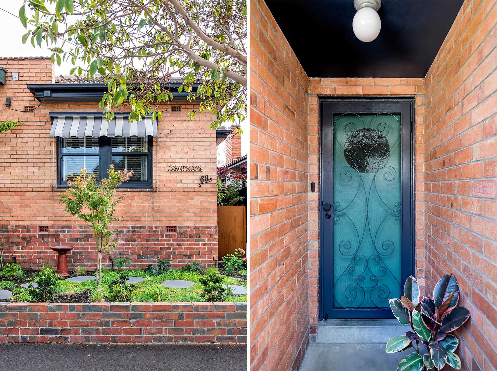 The red brick exterior is traditional to the homes of the 1940s, and the black trim and accents provide a contrasting element.