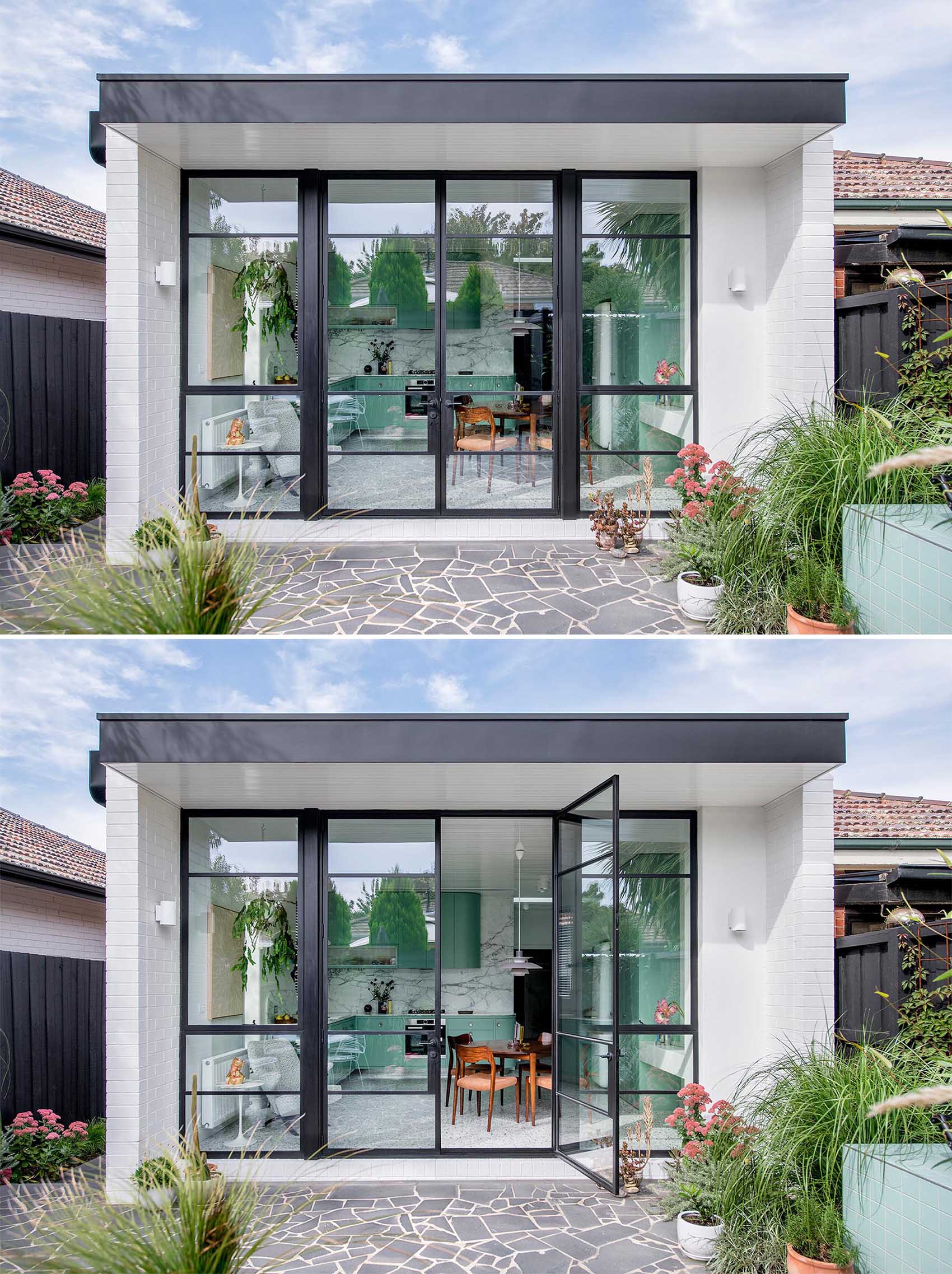 A contemporary home addition with modern mint green kitchen that includes Calacatta Statuario countertops, Terrazzo flooring, and white walls and ceiling.