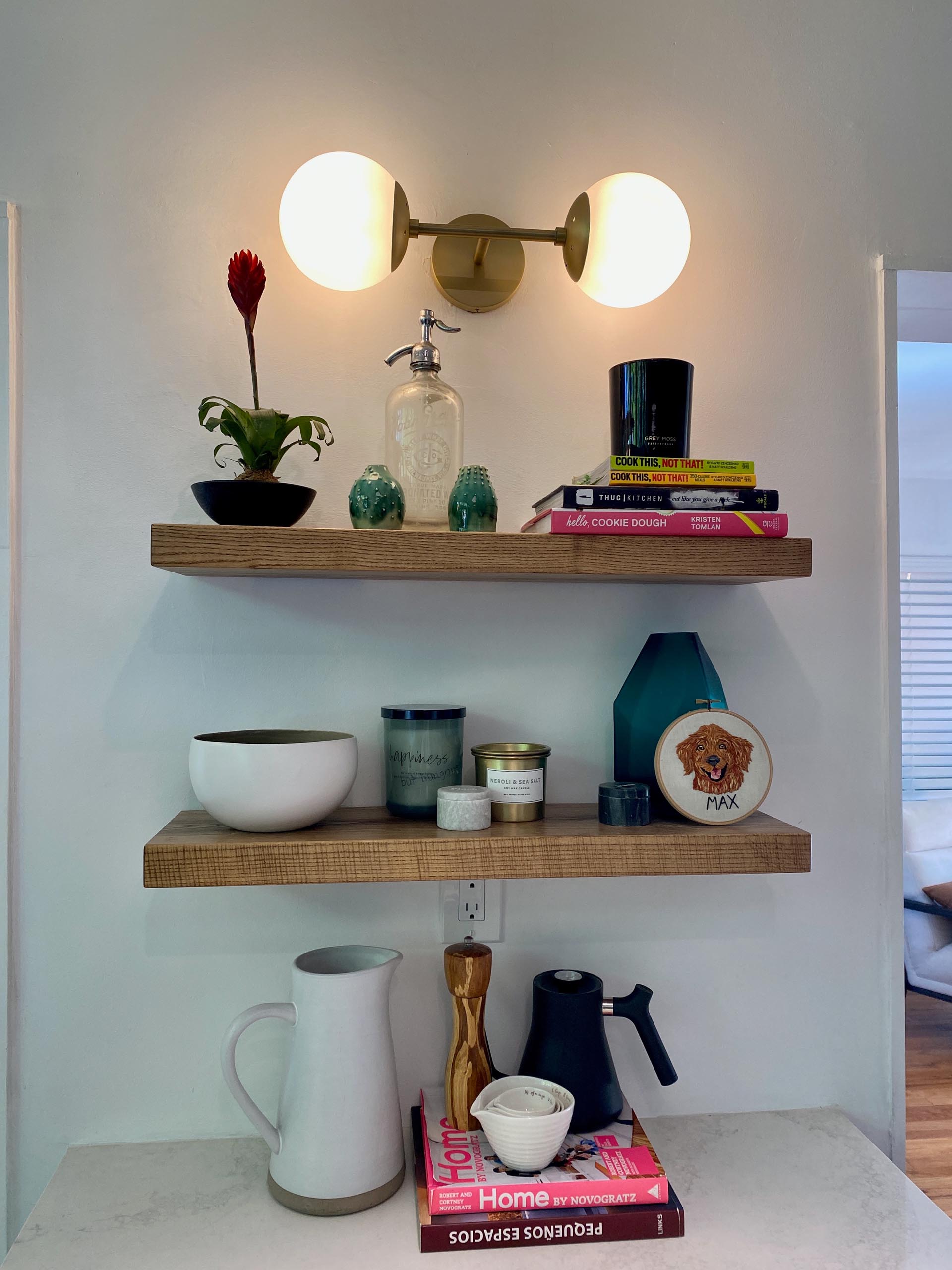 Floating wood shelves.