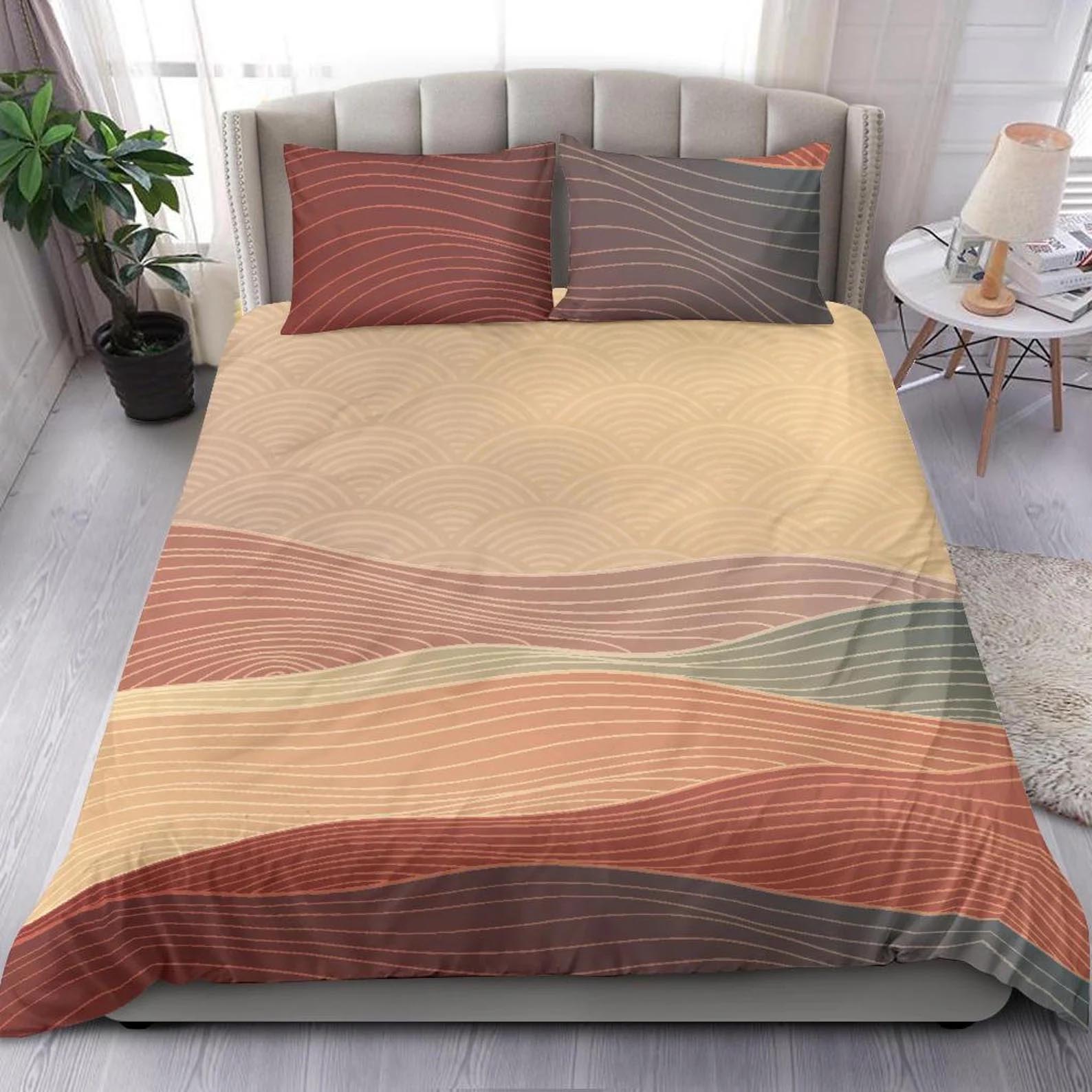 Modern Bedroom Decor - Japanese-inspired geometric bedding.